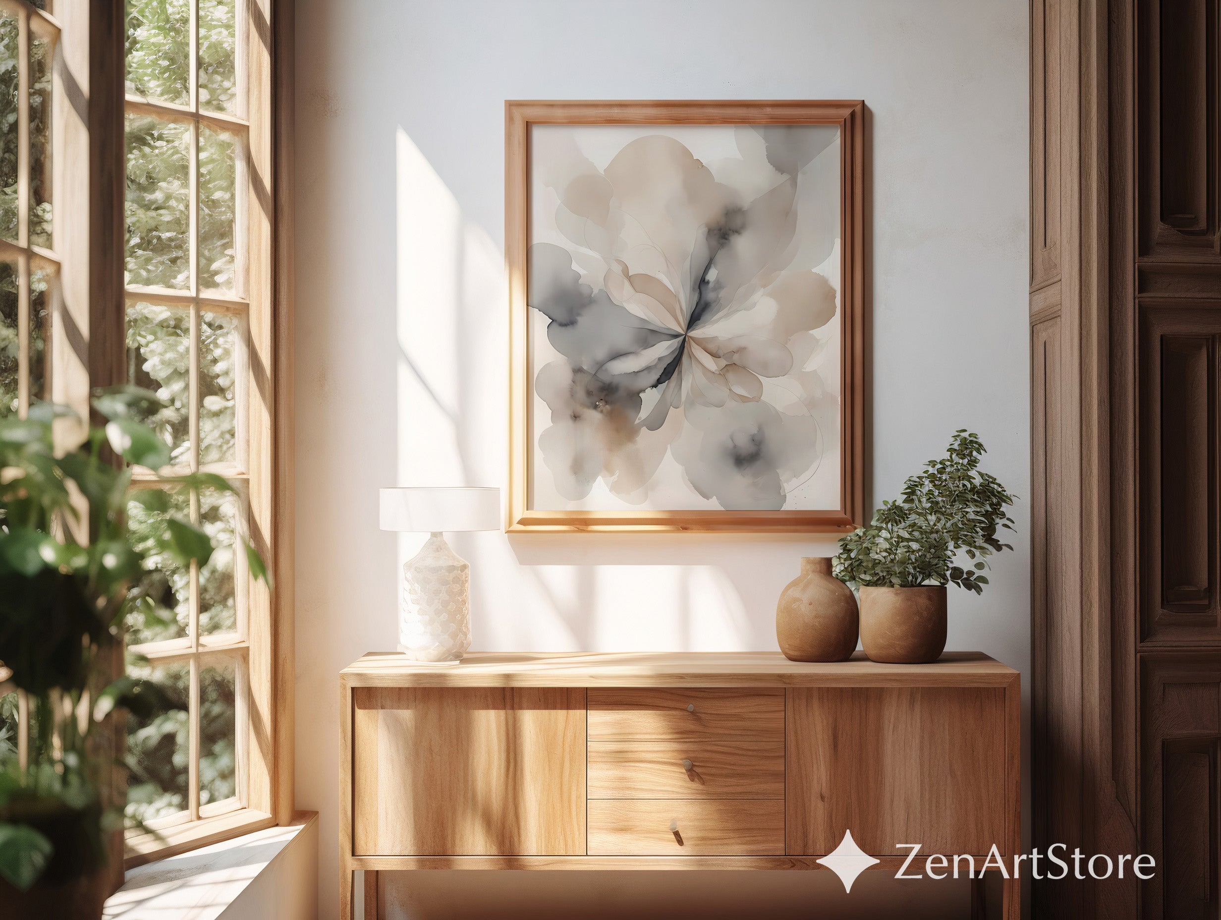 Neutral Abstract Floral Wall Art - Minimal Beige & Gray Watercolor Print, Modern Japandi Wabi-Sabi Botanical Decor