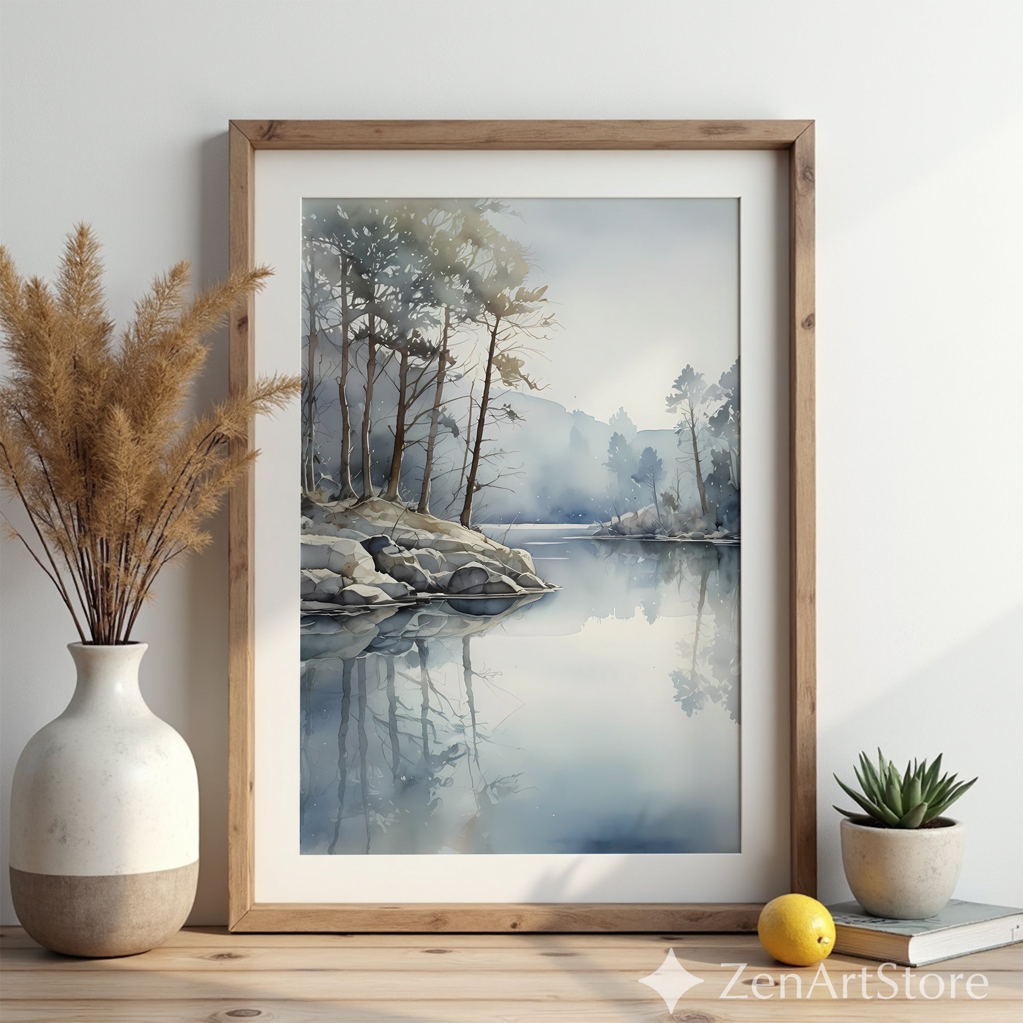 Misty Lake Watercolor Print - Calm Minimal Landscape Wall Art for Living Room Japandi Scandinavian Neutral Decor