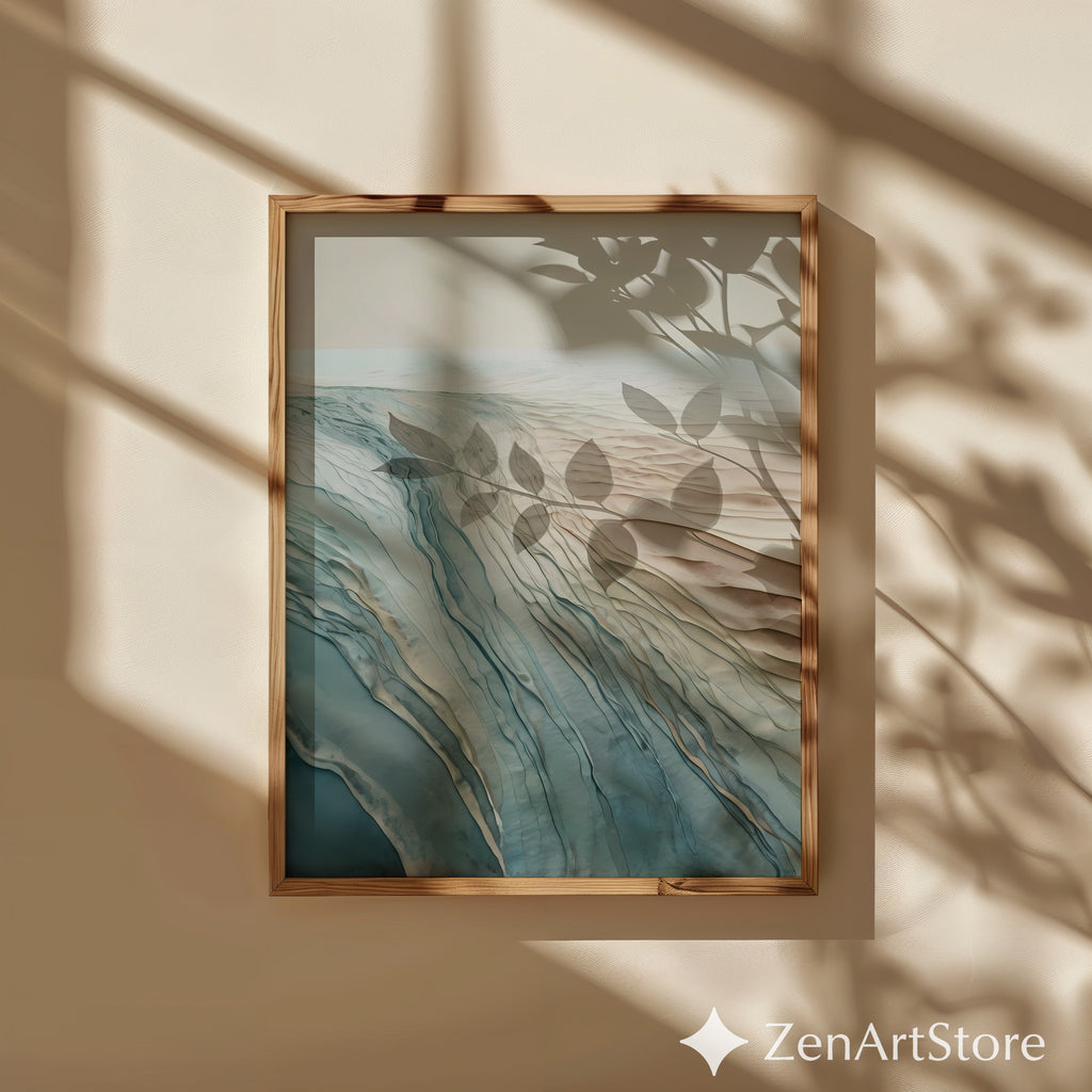 Abstract Coastal Landscape Wall Art - Neutral Blue Beige Minimal Print for Living Room, Japandi Wabi Sabi Decor