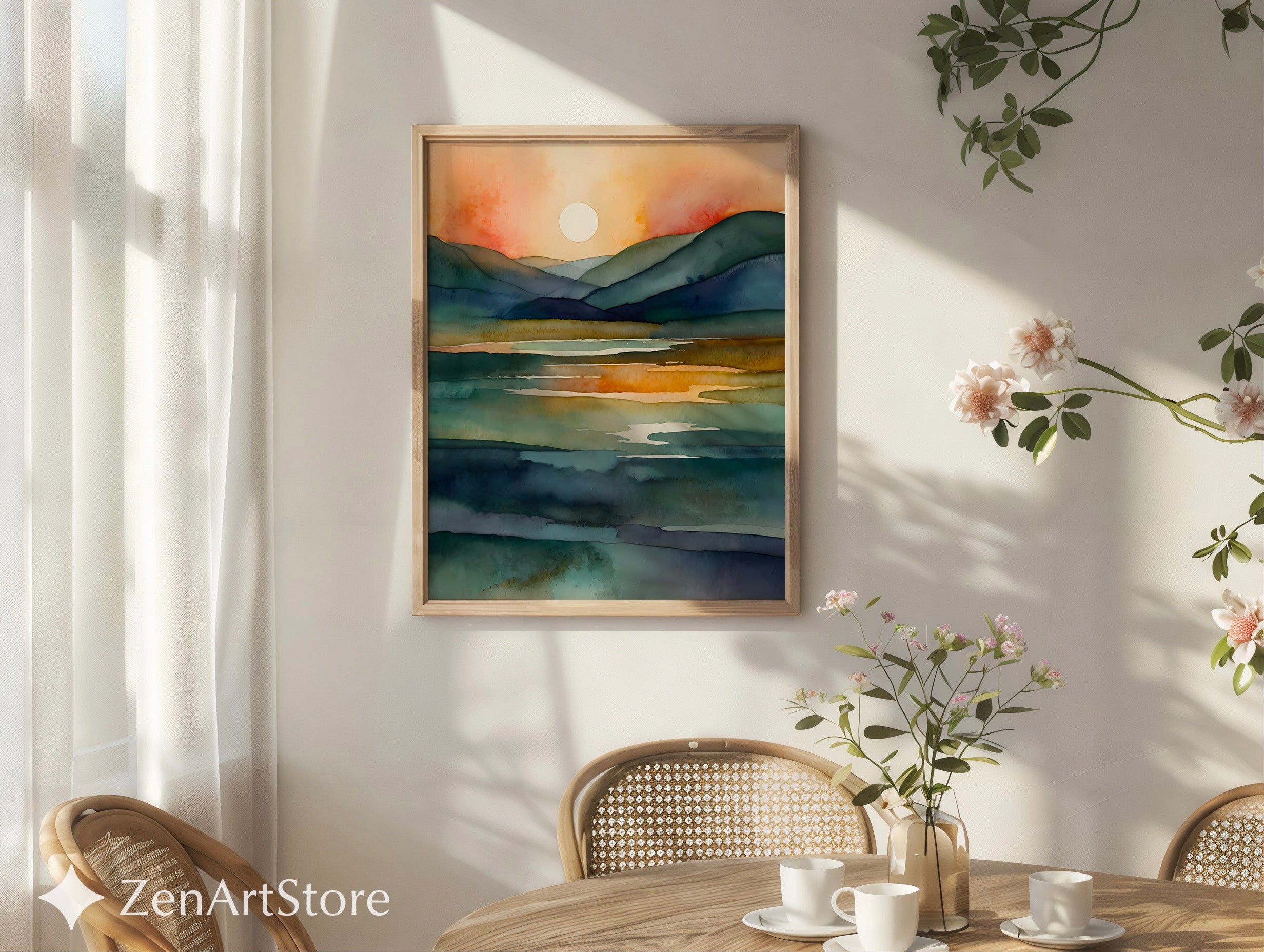 Serene Watercolor Landscape Print - Sunlit Mountains & Lake, Abstract Japandi Wall Art in Teal Blue & Warm Beige
