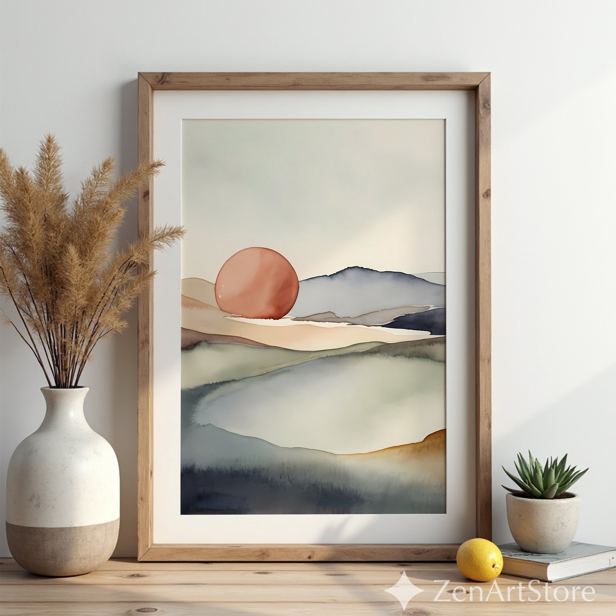 Abstract Minimal Landscape Art Print - Soft Neutral Sunrise Watercolor, Japandi Wabi Sabi Wall Decor