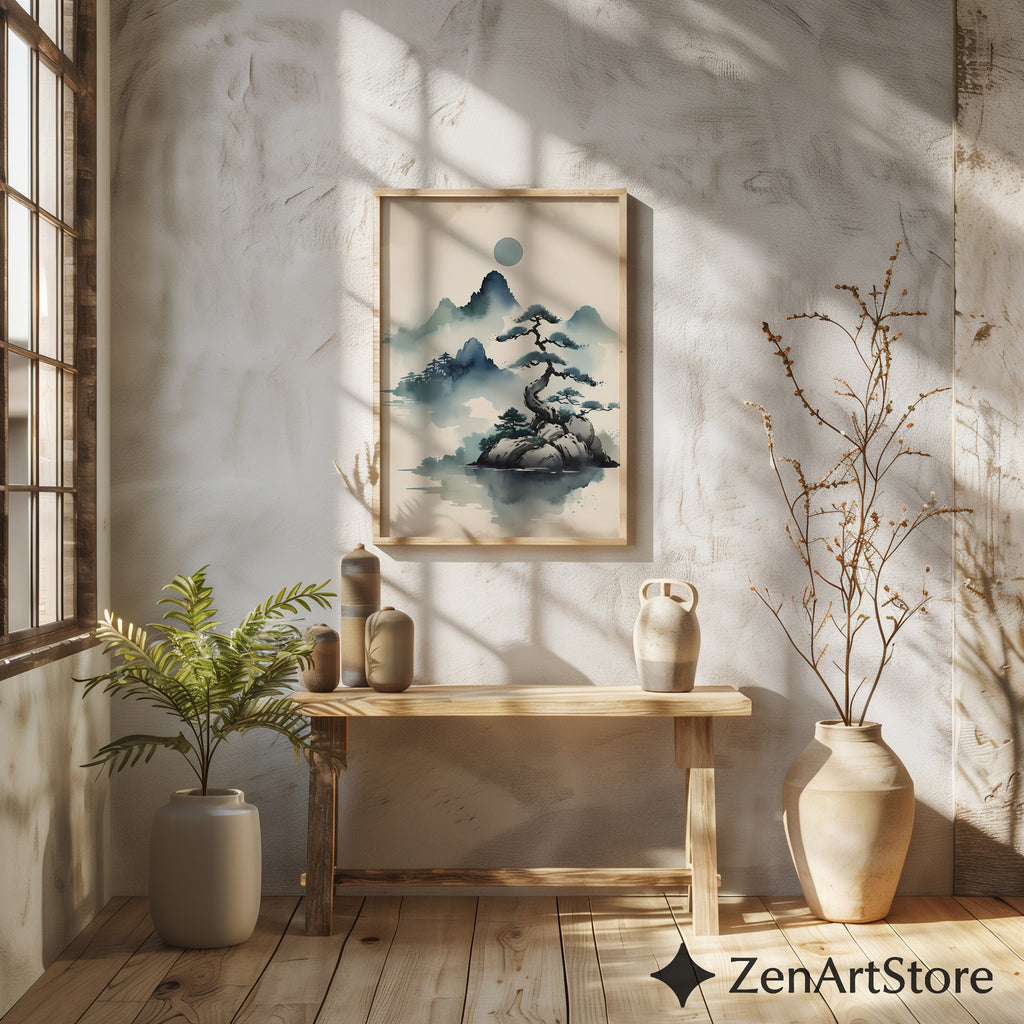 Zen Ink Landscape Print - Misty Mountain Bonsai Art, Minimal Japandi Wall Decor for Neutral Modern Homes
