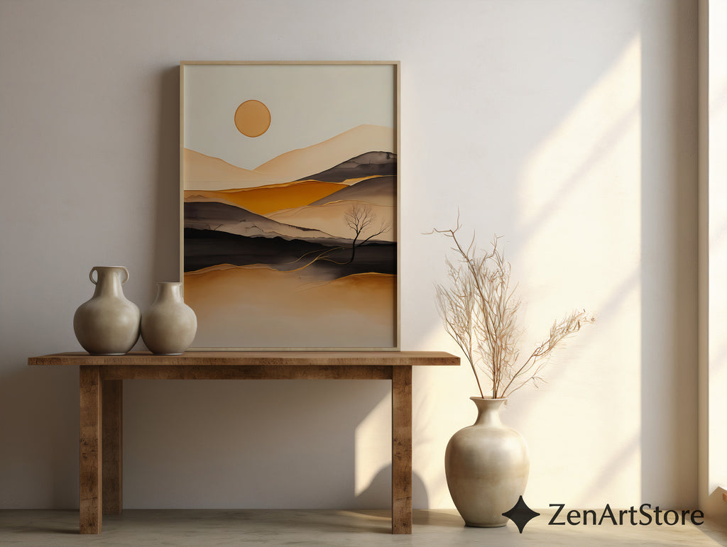 Minimal Abstract Desert Landscape Print - Warm Beige Ochre Modern Wall Art for Living Room, Japandi Scandi Canvas or Digital Download