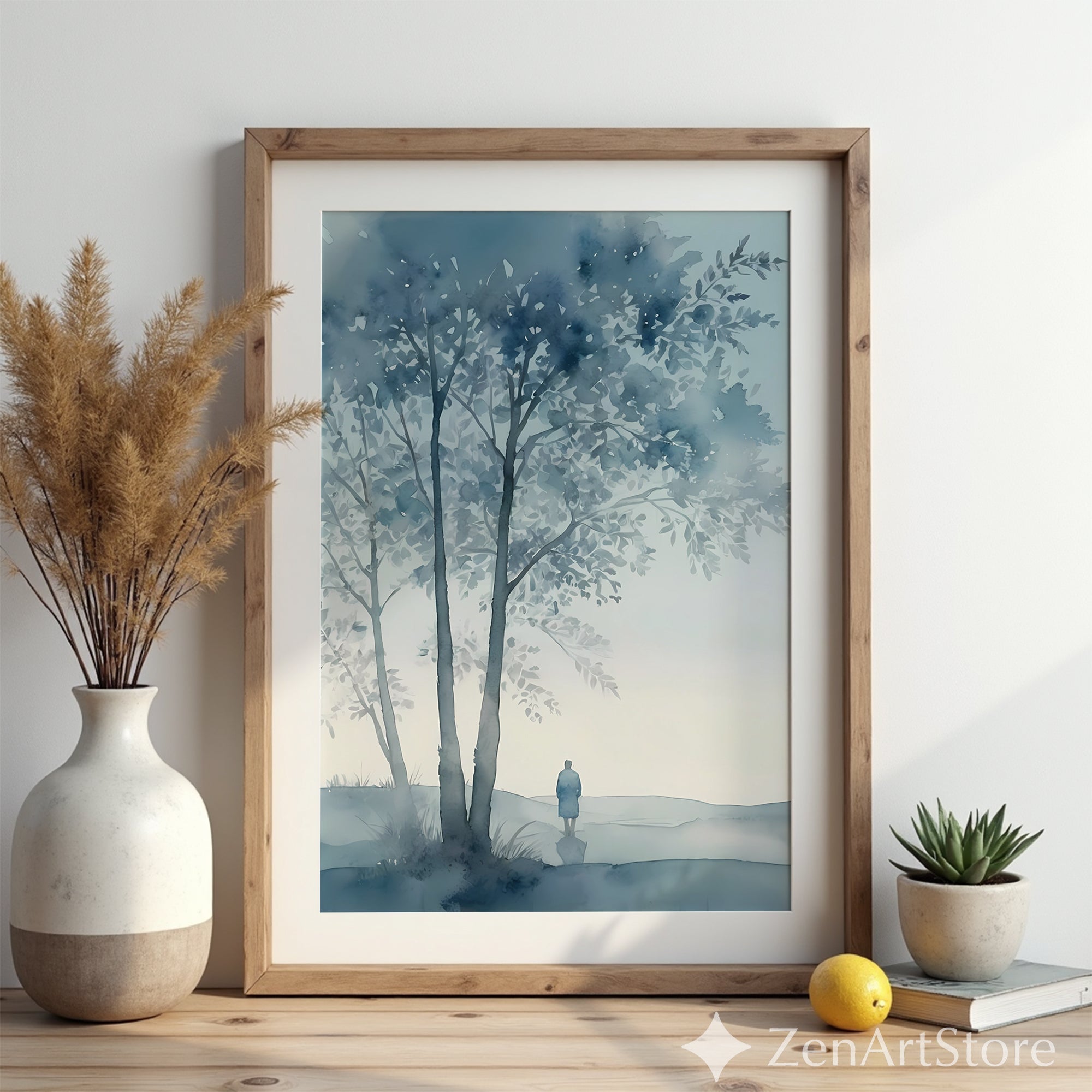 Misty Blue Watercolor Tree Landscape Print - Zen Minimal Wall Art for Living Room, Bedroom, Japandi & Scandinavian Decor