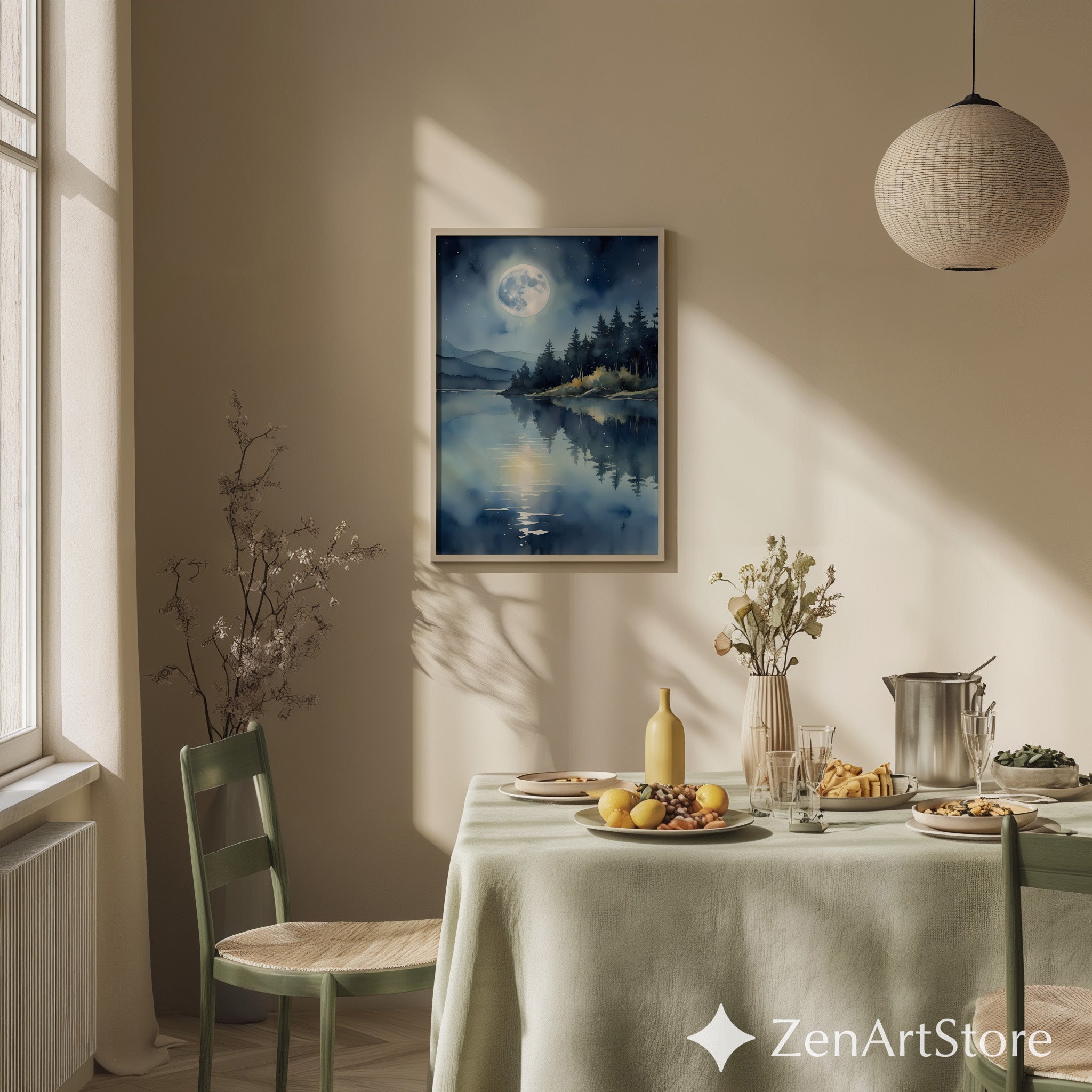 Moonlight Lake Wall Art - Serene Blue Night Landscape Print, Minimal Zen Moon Reflection for Bedroom Living Room Decor