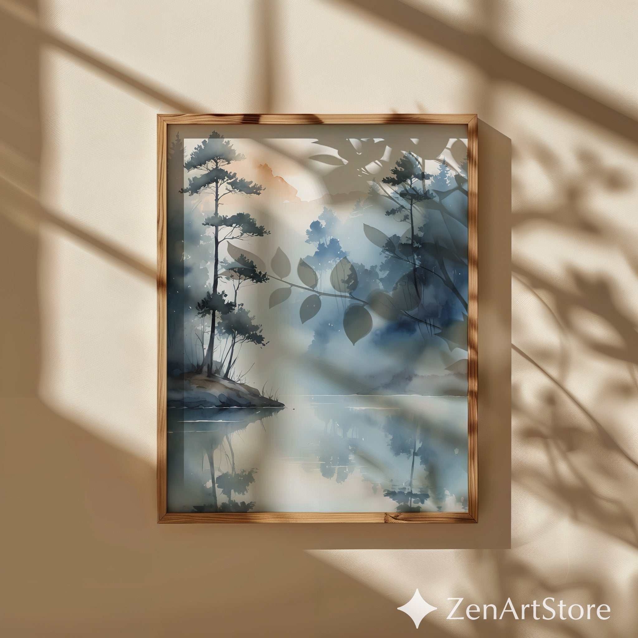 Misty Lake Watercolor Wall Art | Minimal Japandi Landscape Print, Calm Neutral Blue Home Decor