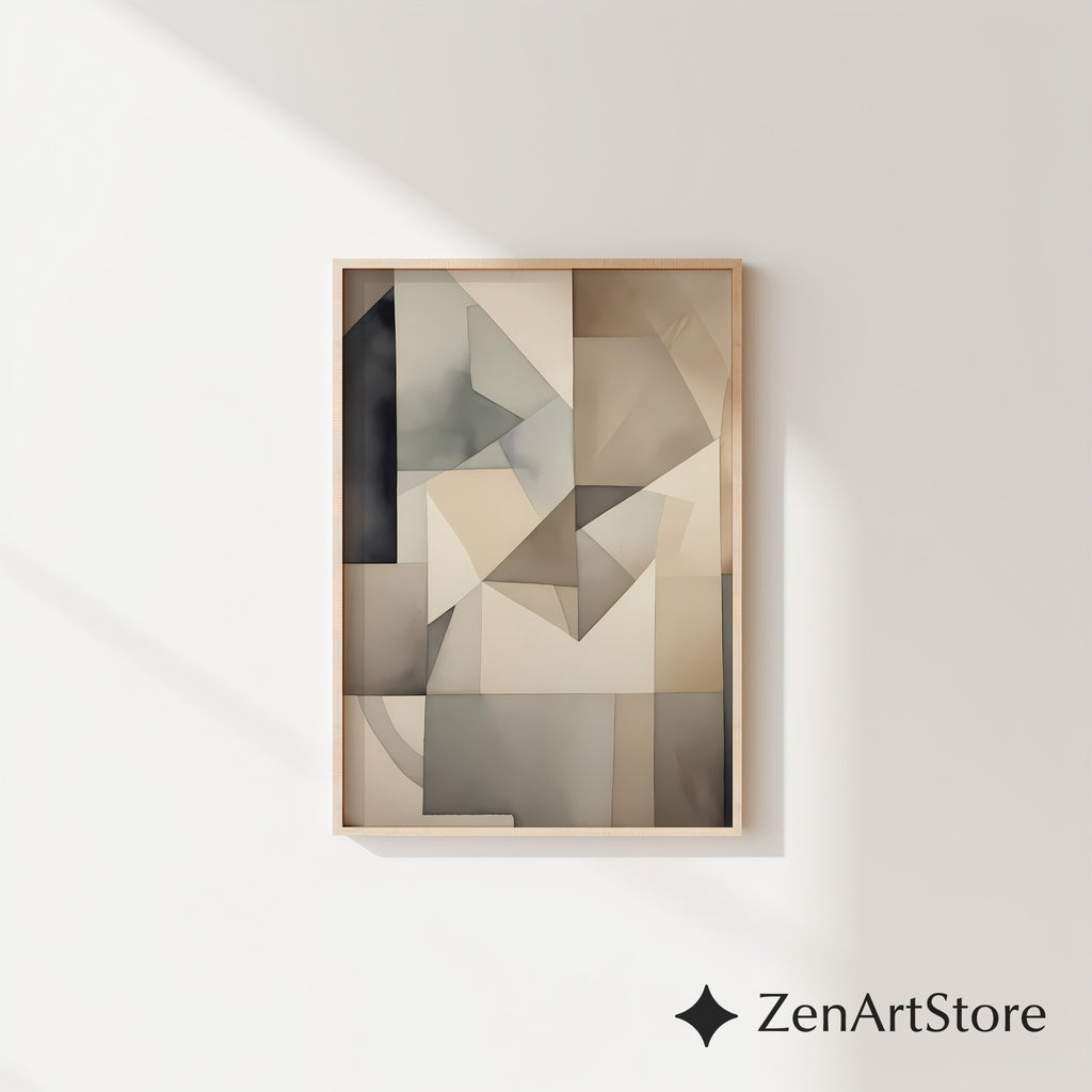 Neutral Geometric Abstract Wall Art - Beige Gray Minimalist Print for Living Room, Japandi Wabi Sabi Home Decor