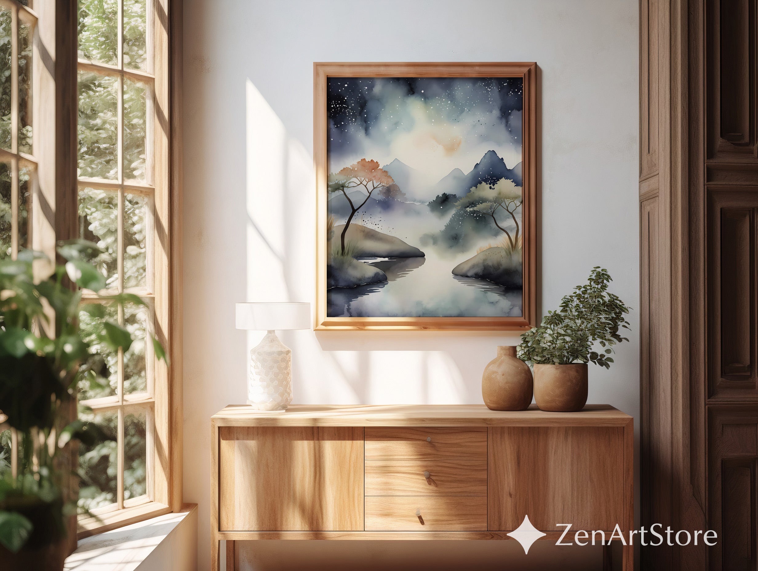 Misty Mountain Watercolor Print - Calming Neutral Landscape Wall Art for Living Room, Bedroom, Japandi Zen Decor