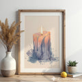 Melting Candle Minimal Art Print - Wabi Sabi Japandi Neutral Wall Decor, Beige Blue Abstract Candle Painting
