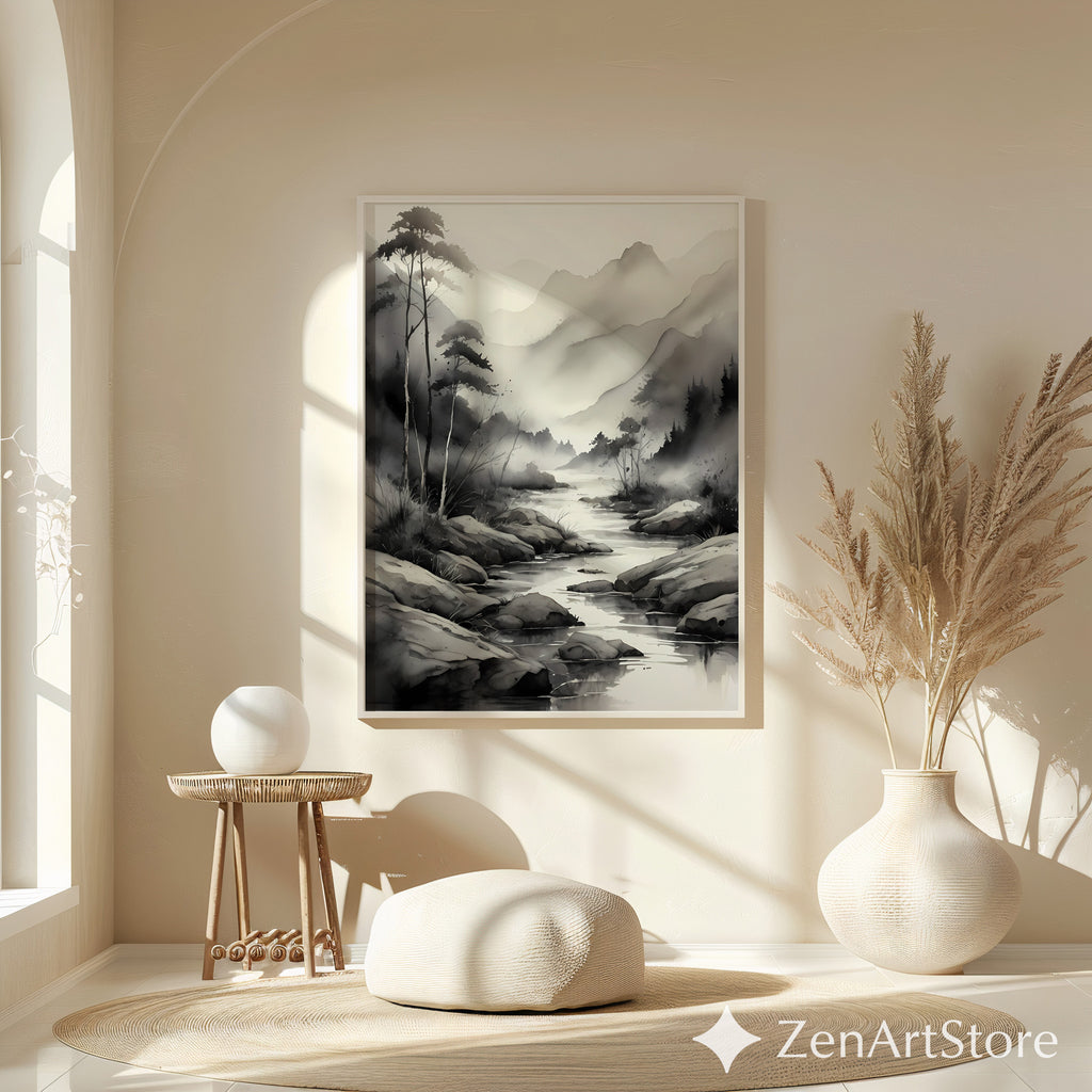 Ink-Wash Mountain River Print - Zen Minimal Monochrome Landscape Wall Art for Japandi, Scandinavian & Wabi-Sabi Decor