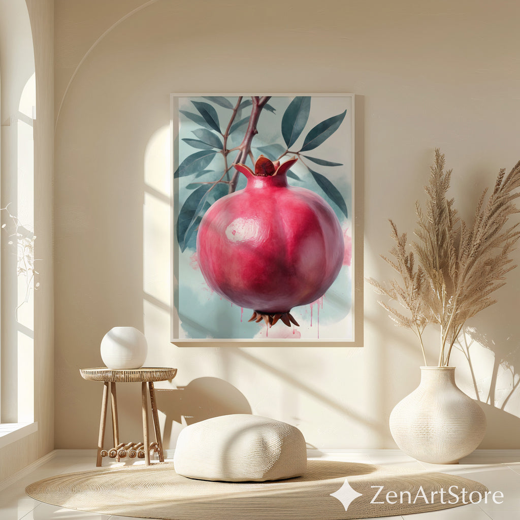 Pomegranate Wall Art Print - Botanical Fruit Still Life, Modern Minimalist Kitchen & Dining Decor, Japandi Wabi Sabi Scandi Style