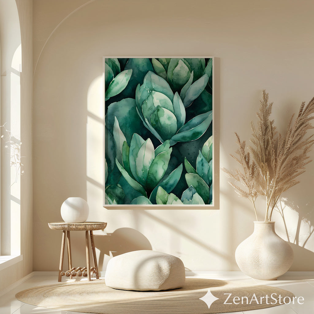 Teal Succulent Watercolor Print - Botanical Green Wall Art, Modern Japandi Printable for Living Room & Bedroom