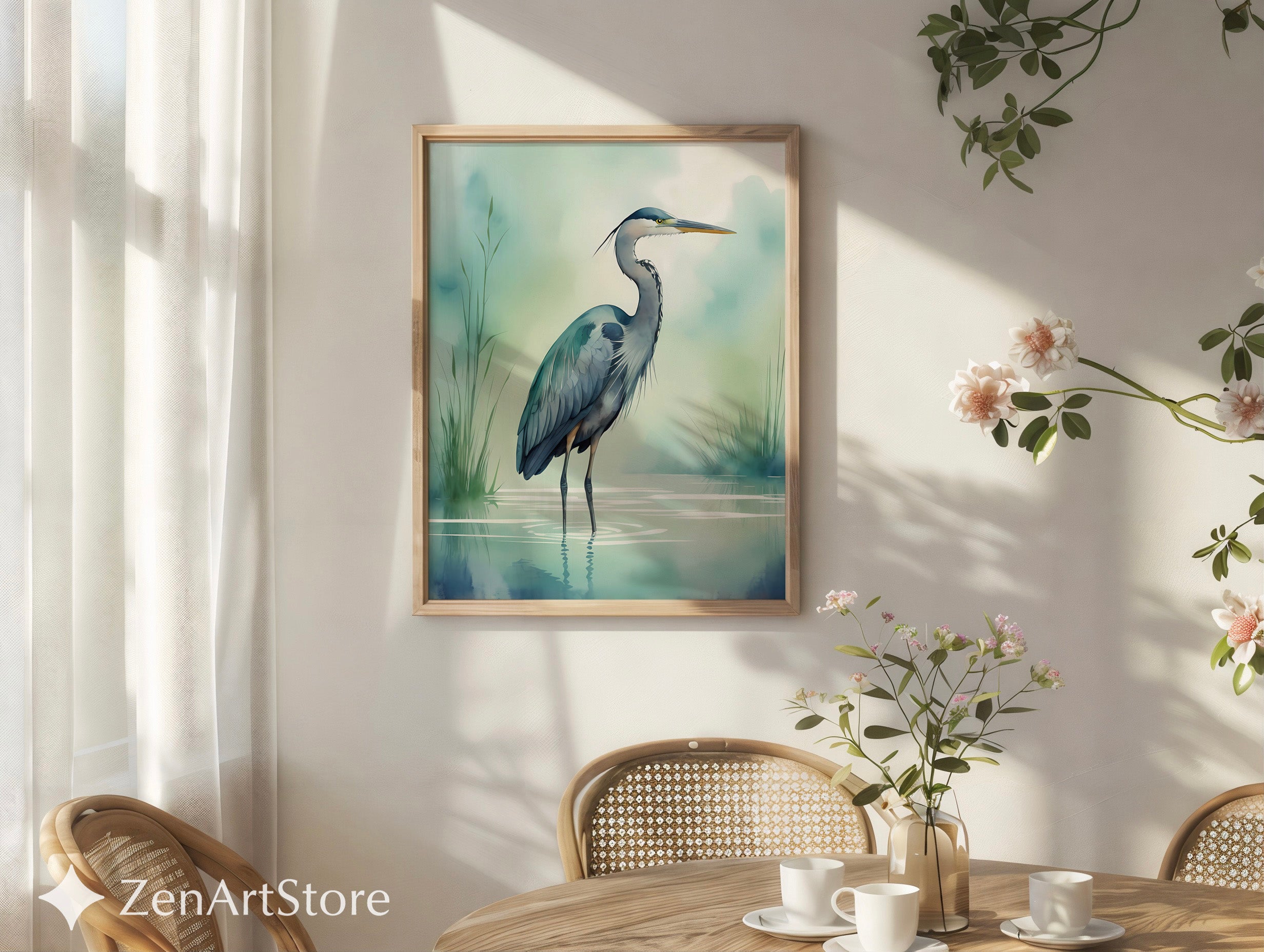 Tranquil Heron Wall Art - Minimal Blue Heron Print, Zen Coastal Nursery Decor, Japandi Nature Wall Decor