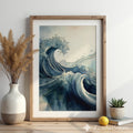 Blue Wave Art Print - Minimal Japanese Wave Abstract, Zen Japandi Coastal Home Decor, Indigo Seascape Wall Art