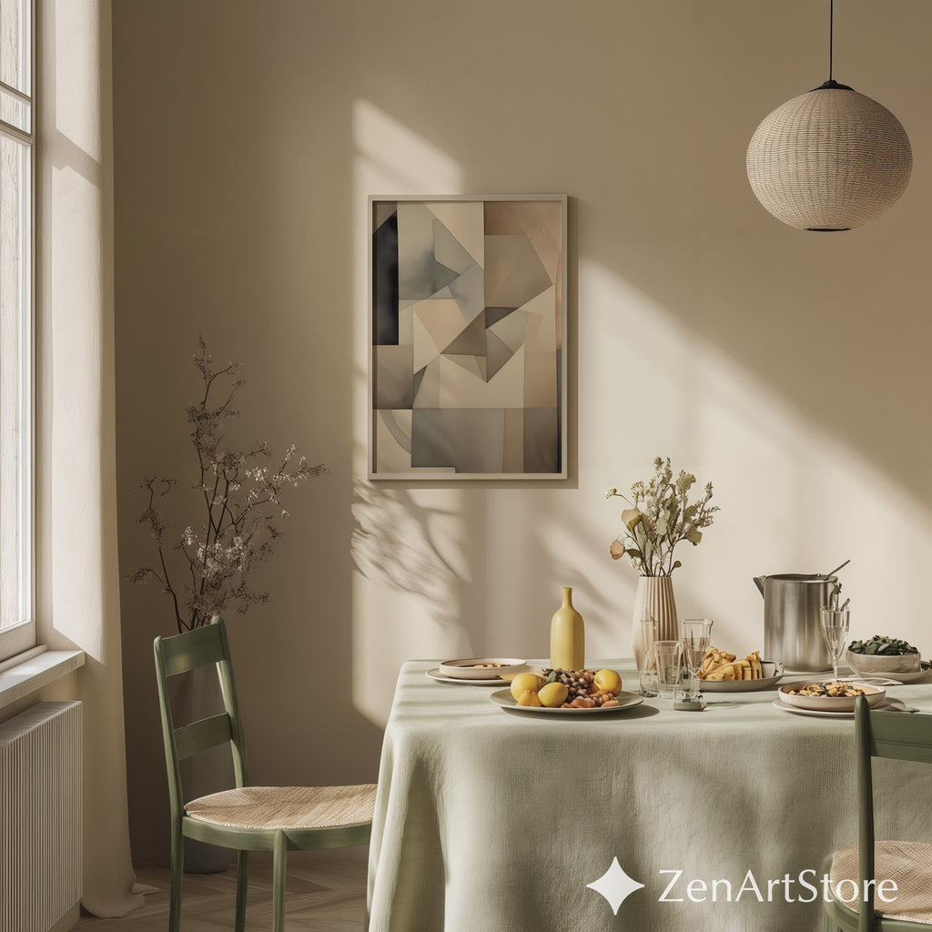 Neutral Geometric Abstract Wall Art - Beige Gray Minimalist Print for Living Room, Japandi Wabi Sabi Home Decor