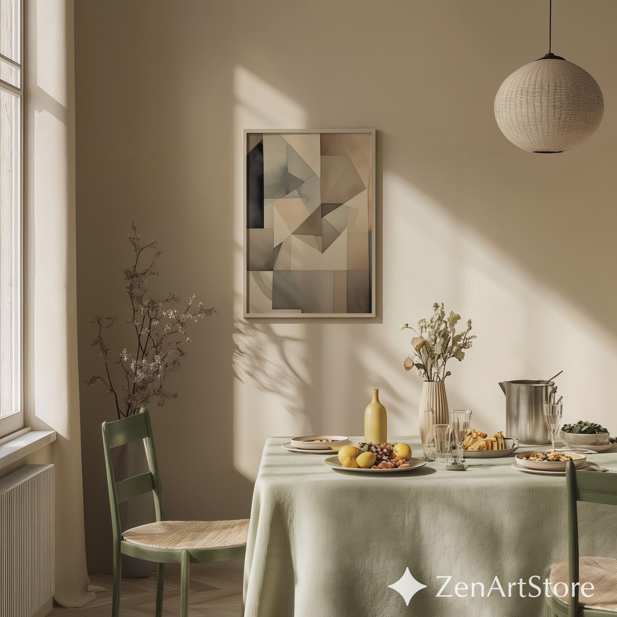 Neutral Geometric Abstract Wall Art - Beige Gray Minimalist Print for Living Room, Japandi Wabi Sabi Home Decor