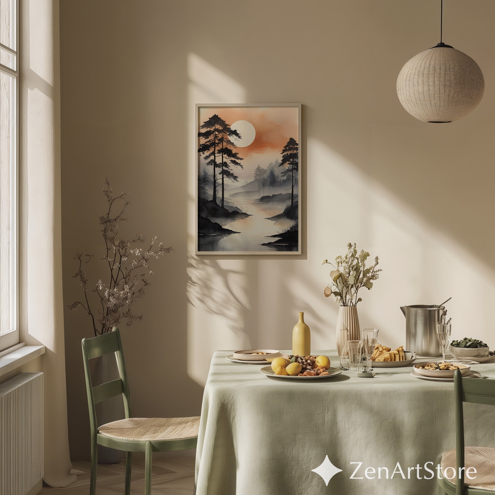 Misty River Landscape Wall Art - Zen Japandi Minimal Sunset Print, Neutral Wabi Sabi Home Decor