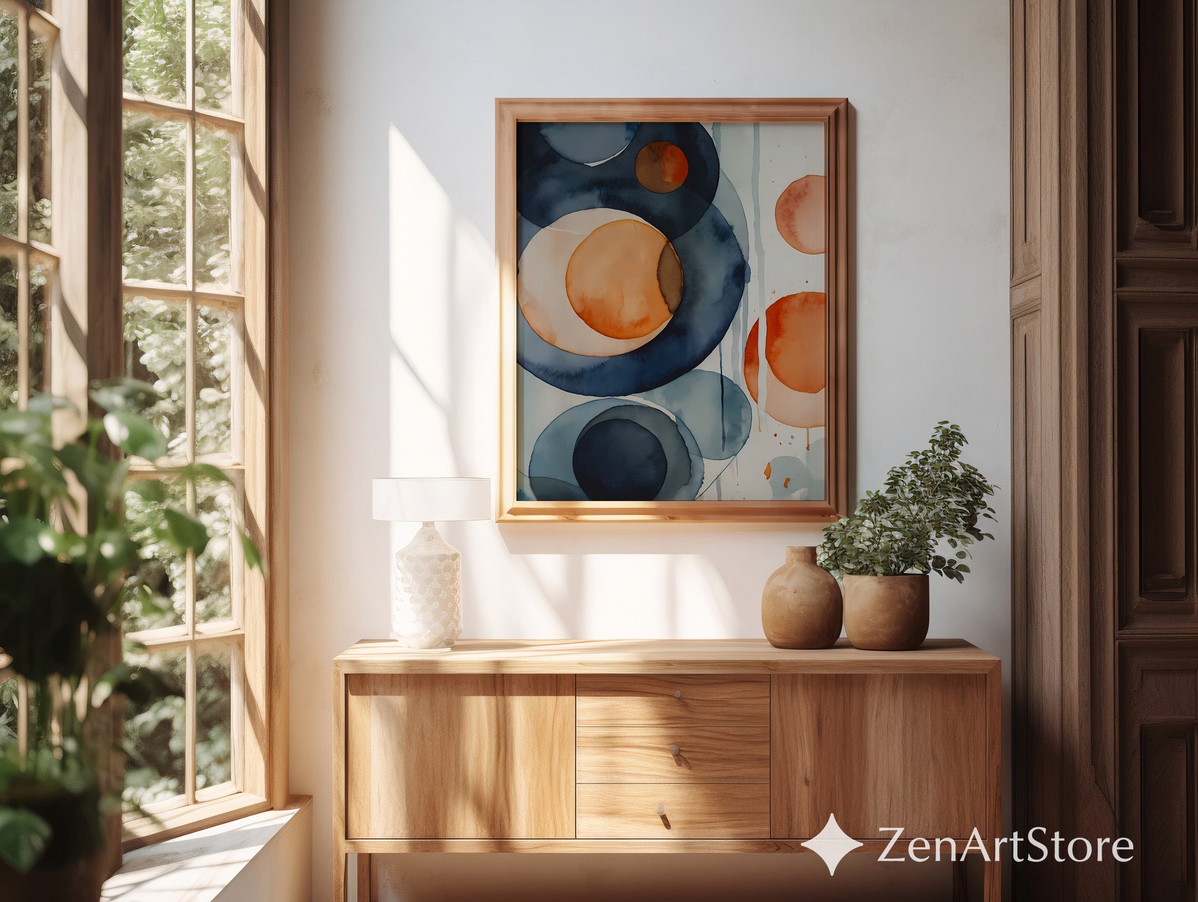 Abstract Watercolor Circles Wall Art Navy & Terracotta Modern Minimal Minimalist Print for Living Room Japandi Boho Decor