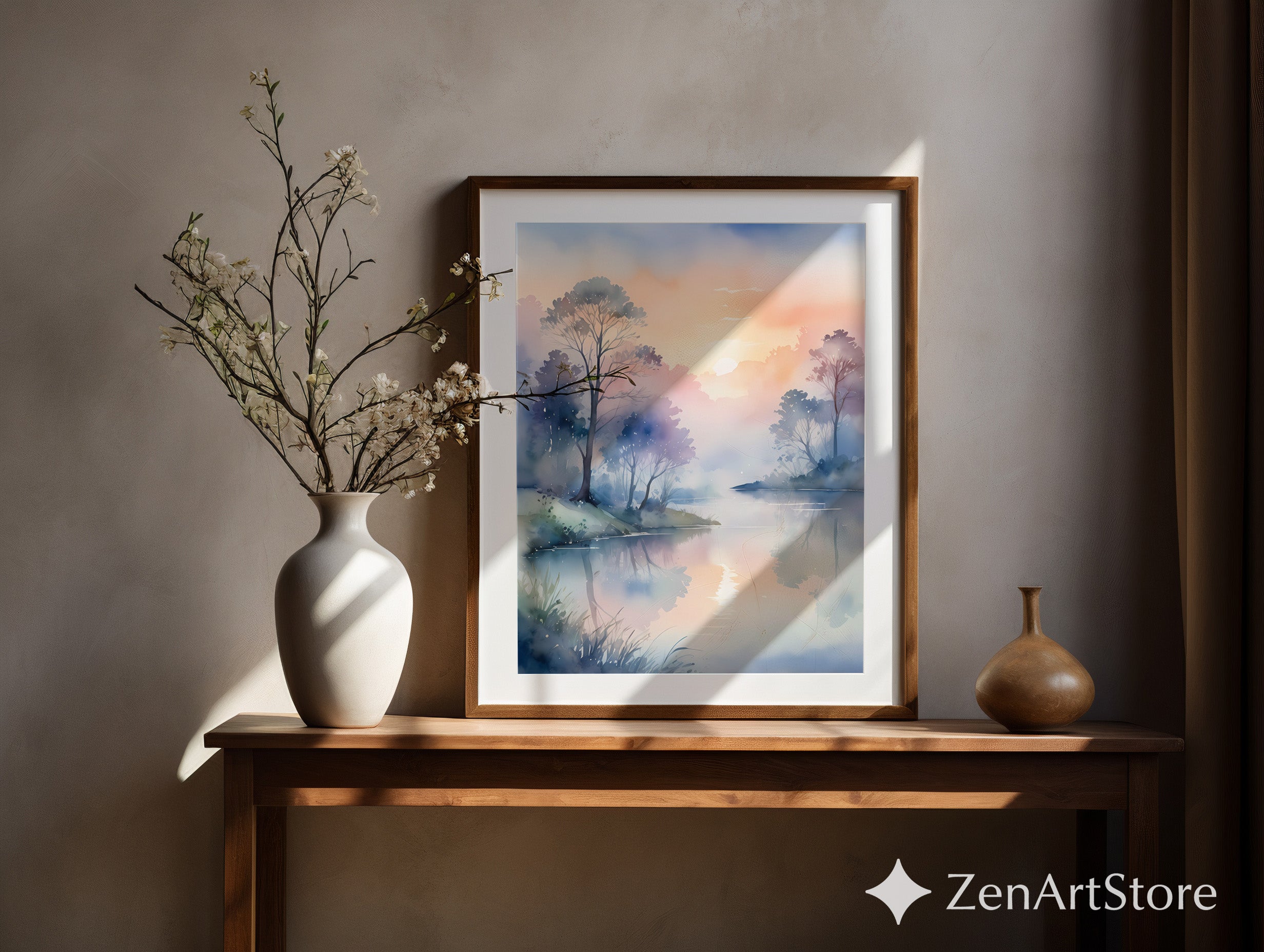 Misty Sunrise Lake Watercolor Print – Calm Pastel Landscape Wall Art for Bedroom, Living Room, Japandi & Scandinavian Home Decor