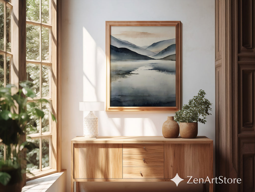 Minimal Abstract Mountain Lake Print - Neutral Japandi Wall Art, Calm Scandinavian Landscape