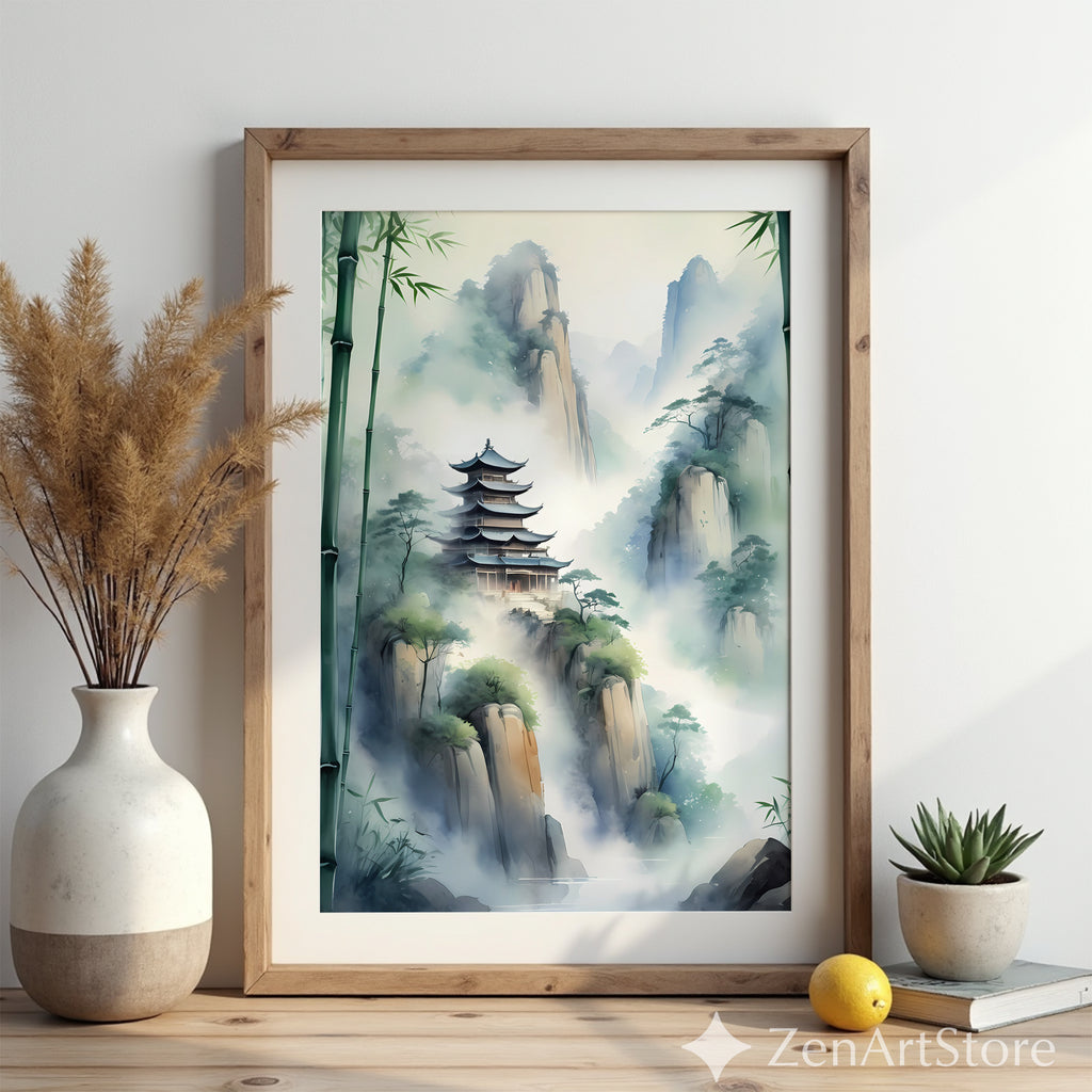 Misty Mountain Pagoda Wall Art - Zen Bamboo Landscape Print, Japandi Minimal Home Decor