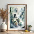 Misty Mountain Pagoda Wall Art - Zen Bamboo Landscape Print, Japandi Minimal Home Decor