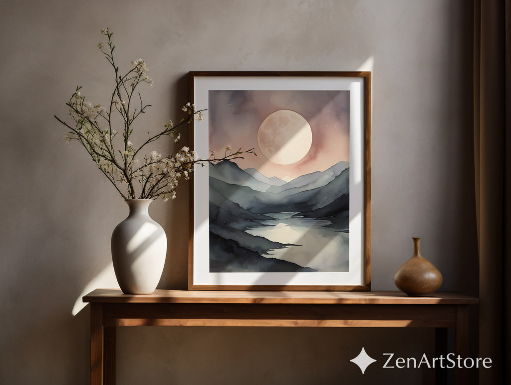 Serene Moonlit Mountain Lake Watercolor Print - Japandi Minimal Neutral Wall Art, Beige & Gray Landscape
