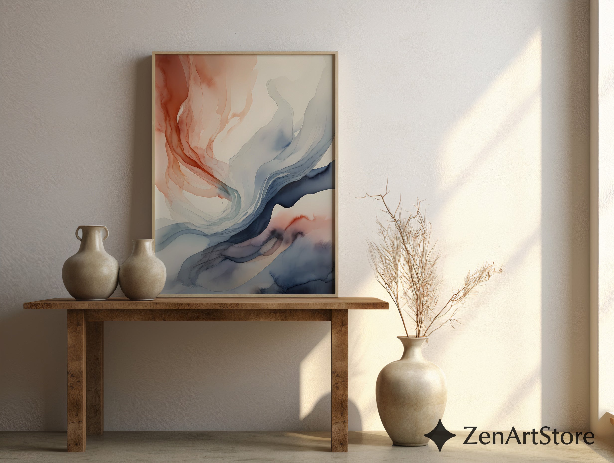 Abstract Fluid Art Print Terracotta and Blue - Minimal Japandi Wall Art, Neutral Modern Home Decor
