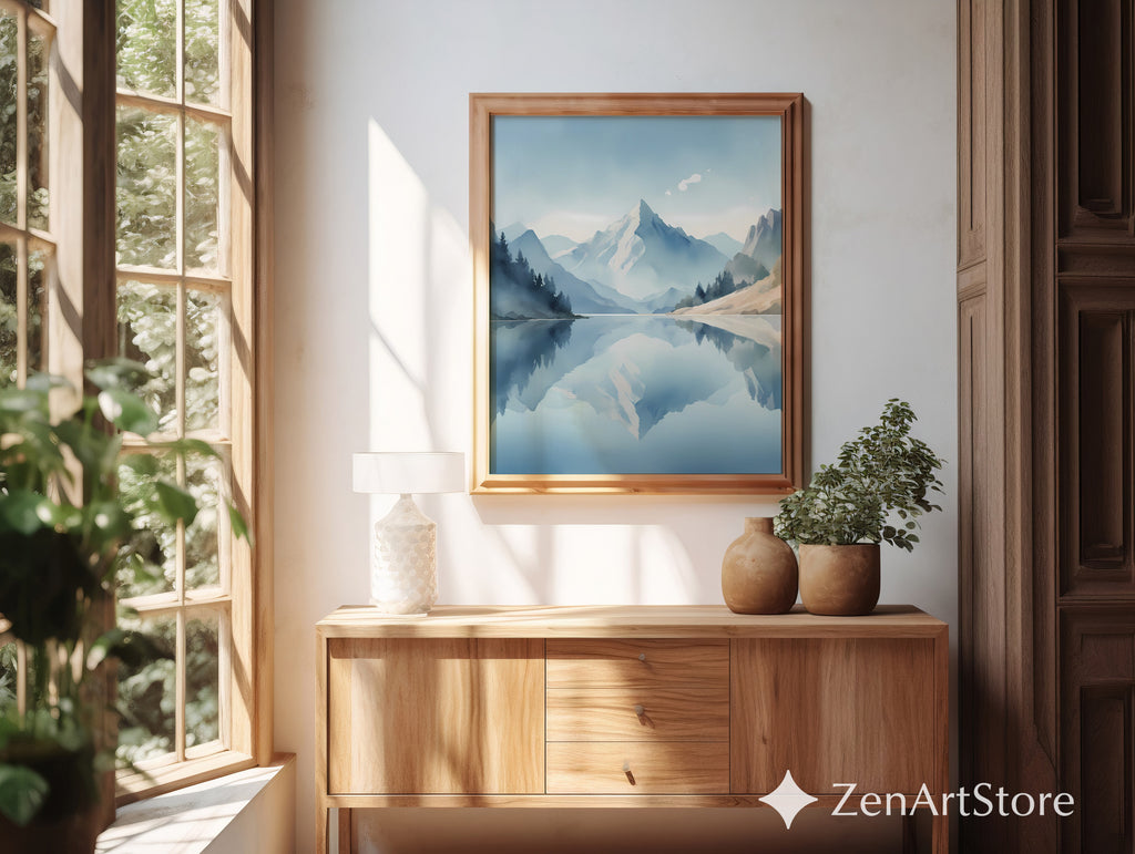 Calm Mountain Lake Wall Art Print - Minimal Blue Landscape Reflection, Scandinavian Zen Home Decor, Japandi Neutral Poster
