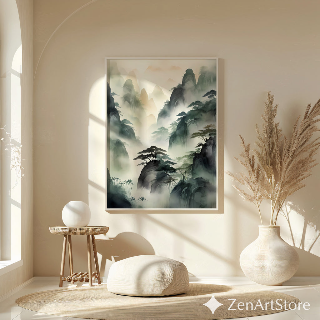 Misty Mountain Landscape Print - Zen Ink-Wash Wall Art for Living Room Japandi Neutral Home Decor