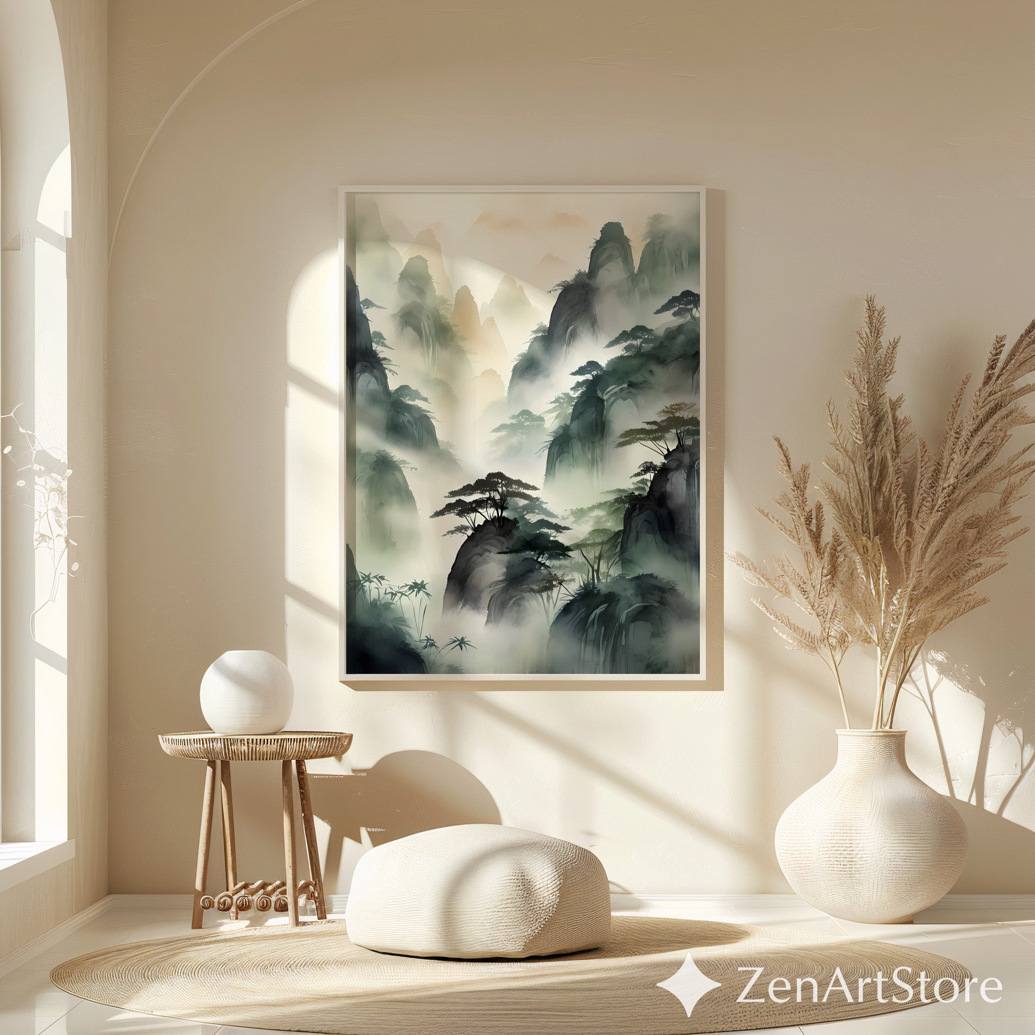 Misty Mountain Landscape Print - Zen Ink-Wash Wall Art for Living Room Japandi Neutral Home Decor
