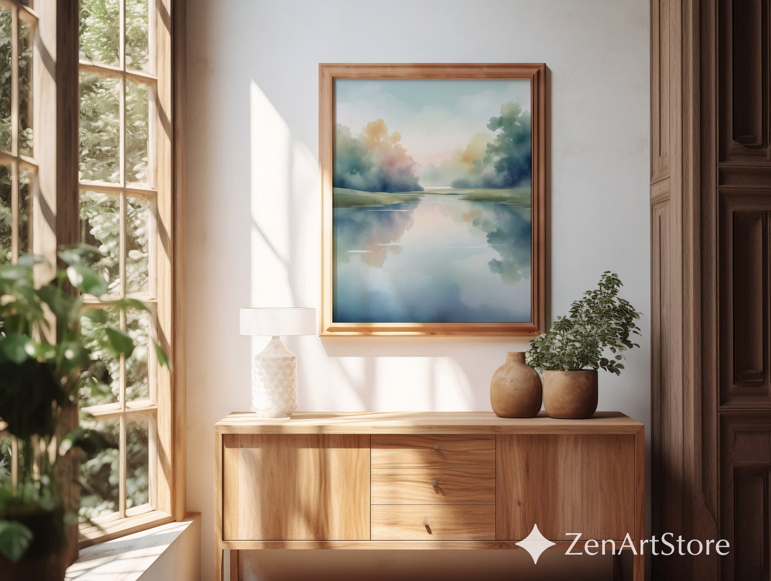 Misty Lake Watercolor Print – Serene Pastel Landscape Wall Art for Zen, Japandi & Scandinavian Home Decor