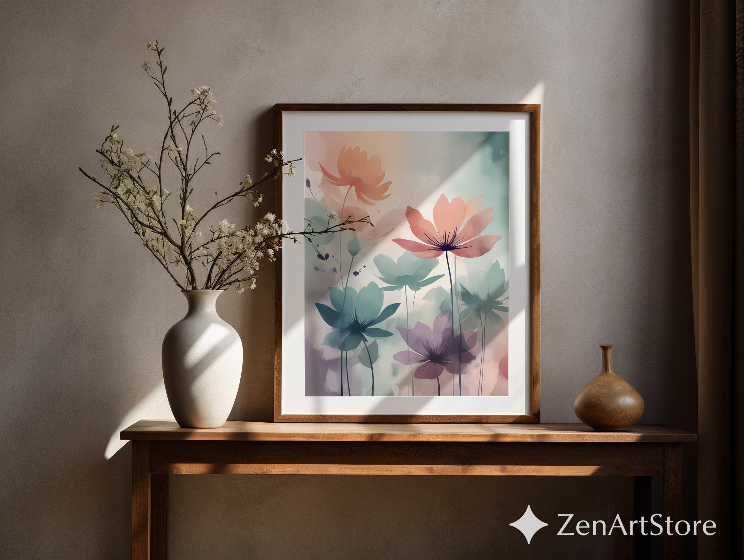 Pastel Floral Watercolor Print - Calm Abstract Botanical Wall Art for Japandi, Scandinavian & Minimal Home Decor