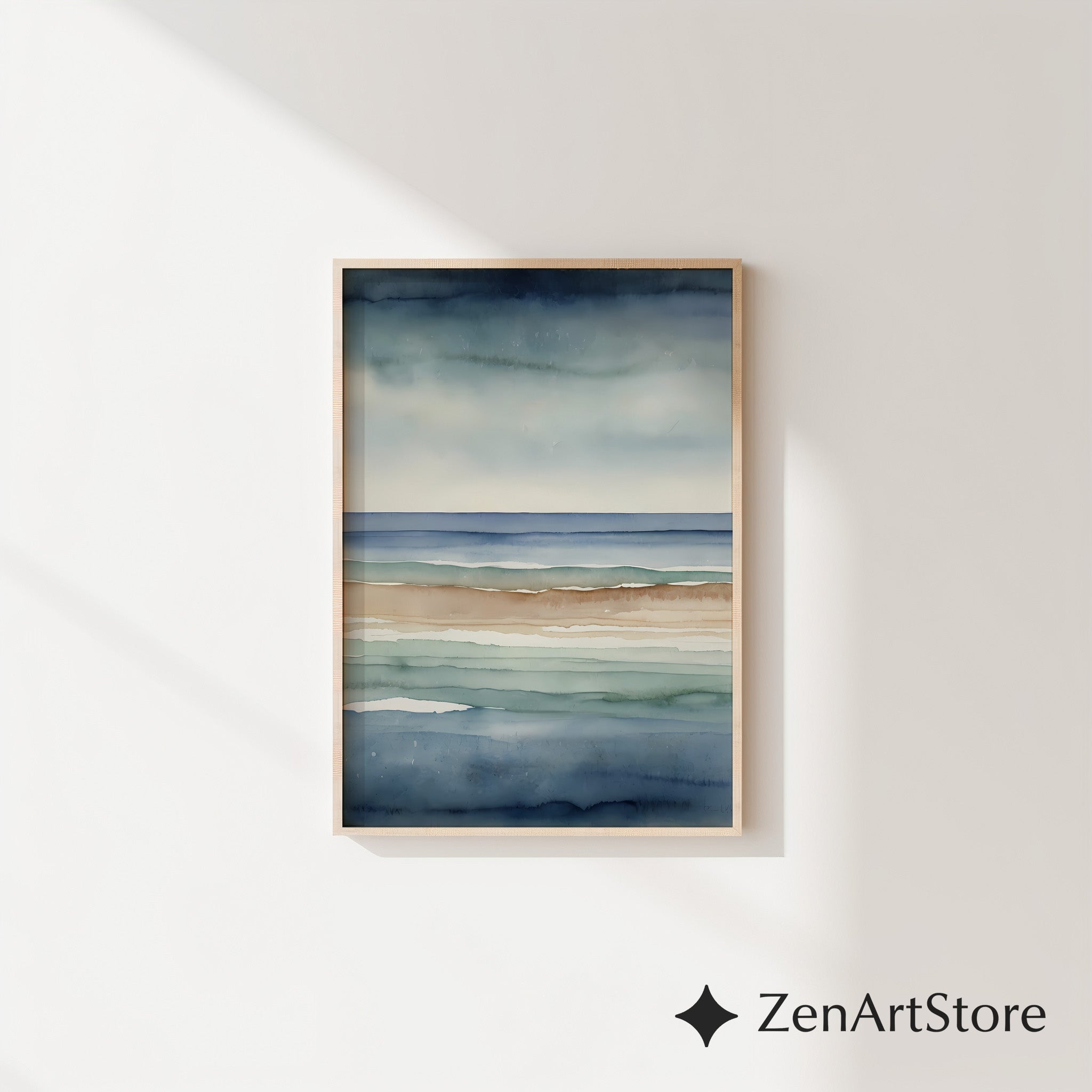 Abstract Coastal Watercolor Print Calm Blue Beige Seascape Minimal Japandi Wall Art Neutral Home Decor