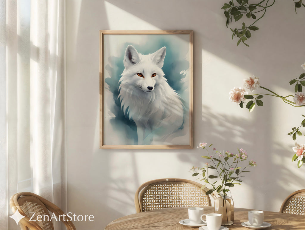 White Arctic Fox Wall Art - Minimal Scandinavian Japandi Fox Print, Neutral Modern Animal Portrait, Printable Digital Download for Home Decor