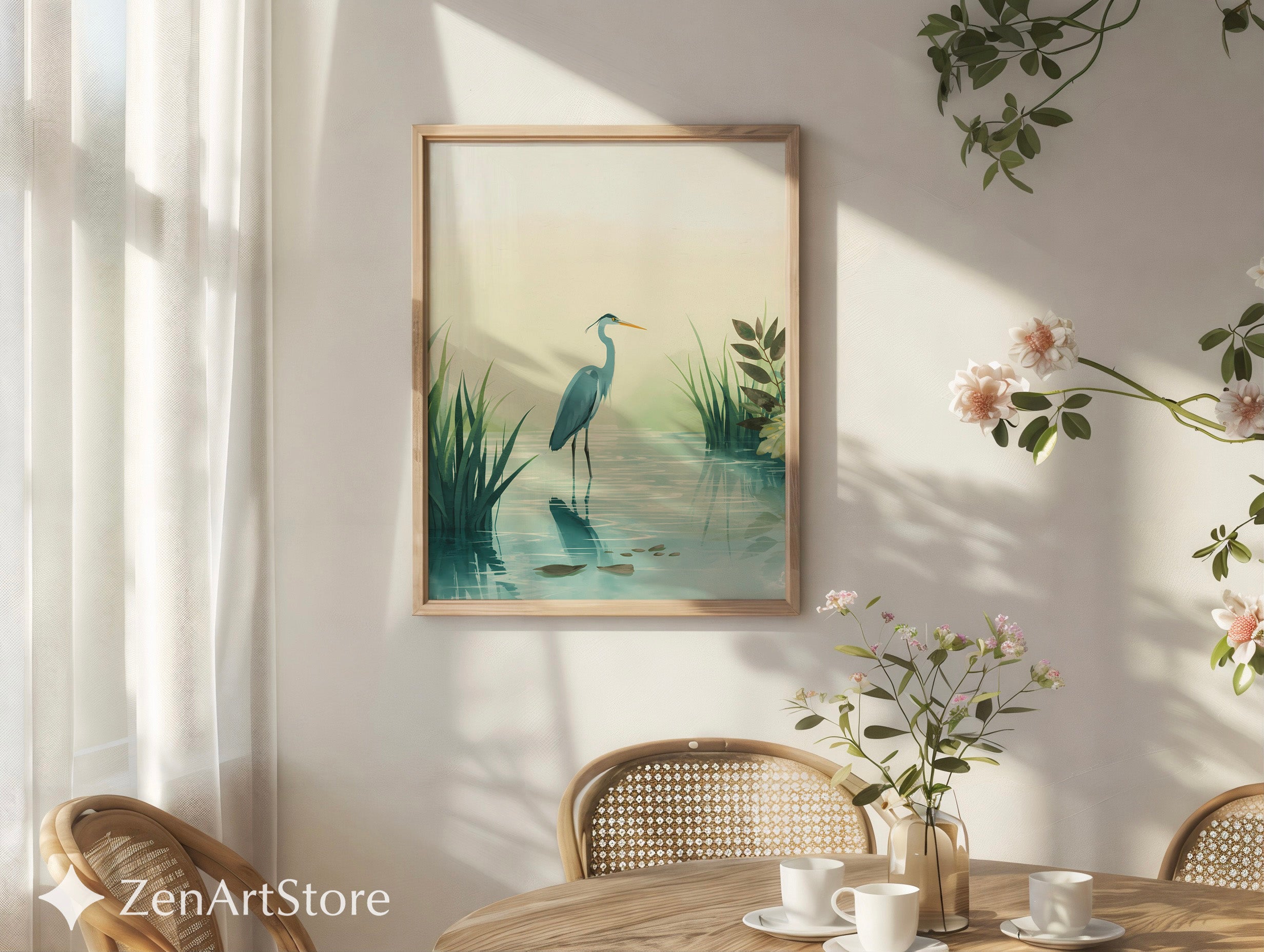 Calm Heron Wetland Wall Art - Minimal Botanical Bird Print for Japandi & Scandinavian Neutral Home Decor