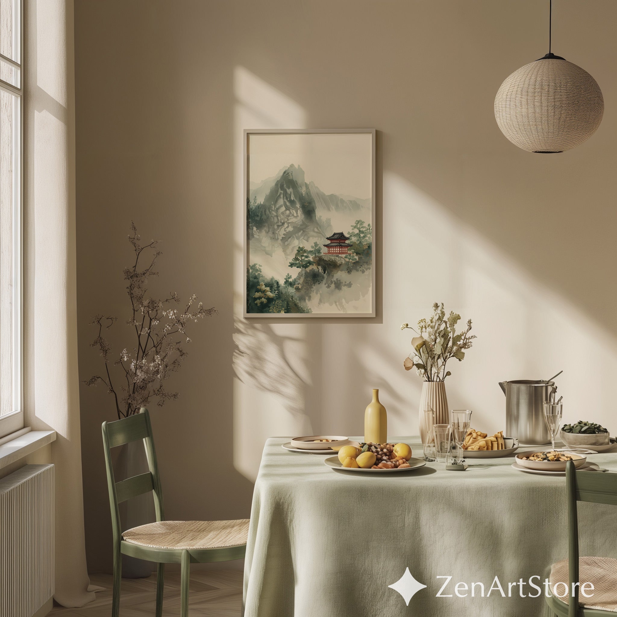 Zen Mountain Pagoda Art Print - Minimal Japanese Sumi-e Landscape, Japandi Wall Art for Calming Neutral Home Decor