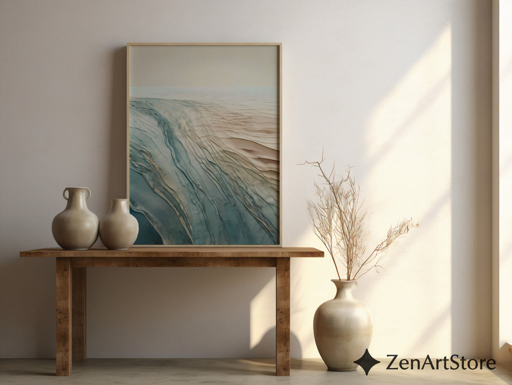 Abstract Coastal Landscape Wall Art - Neutral Blue Beige Minimal Print for Living Room, Japandi Wabi Sabi Decor