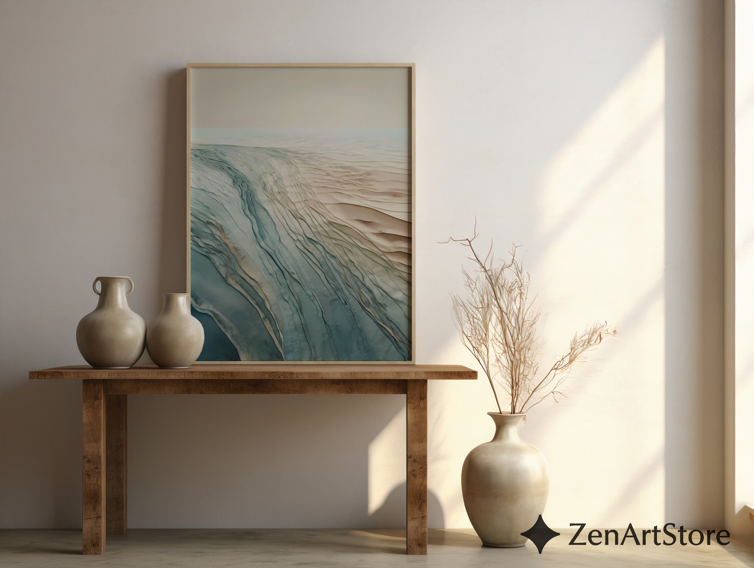 Abstract Coastal Landscape Wall Art - Neutral Blue Beige Minimal Print for Living Room, Japandi Wabi Sabi Decor