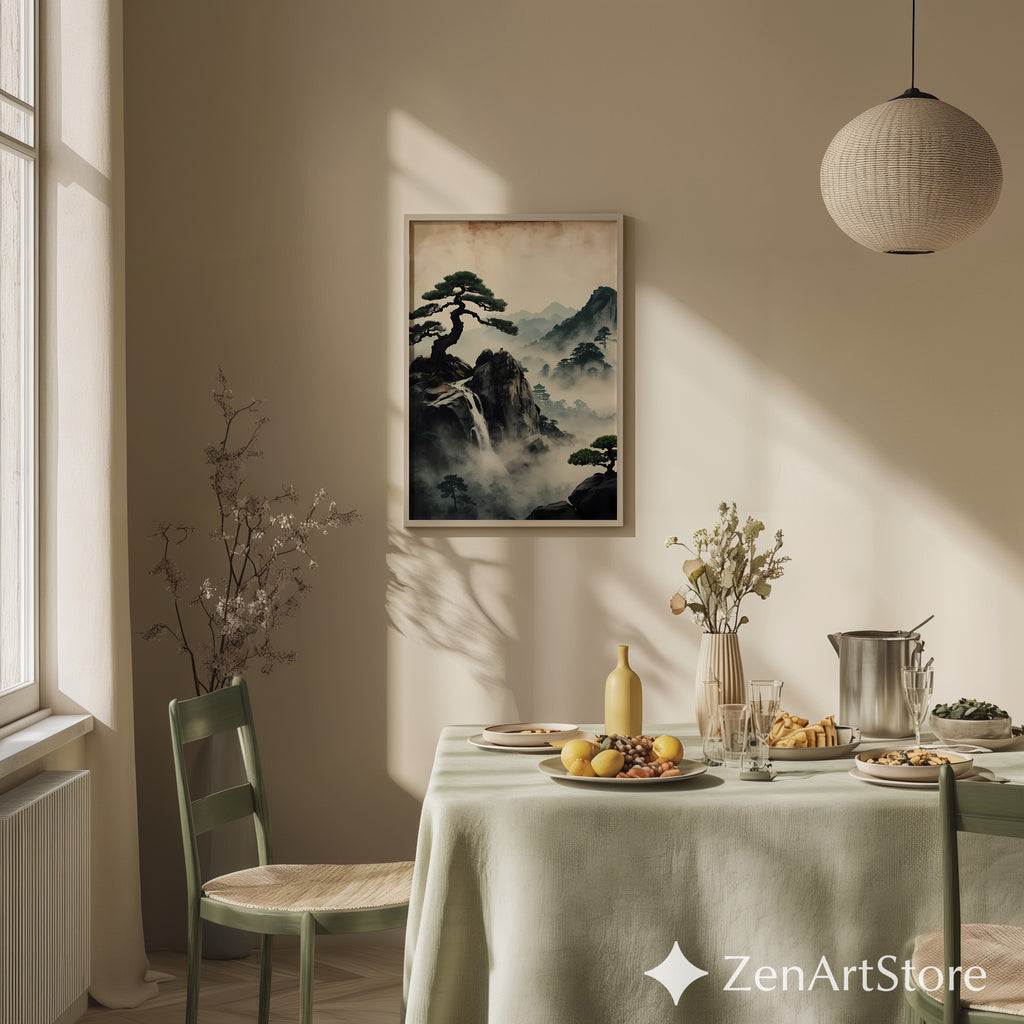 Zen Misty Mountain Landscape Print - Japanese Waterfall Bonsai Wall Art, Wabi Sabi Home Decor