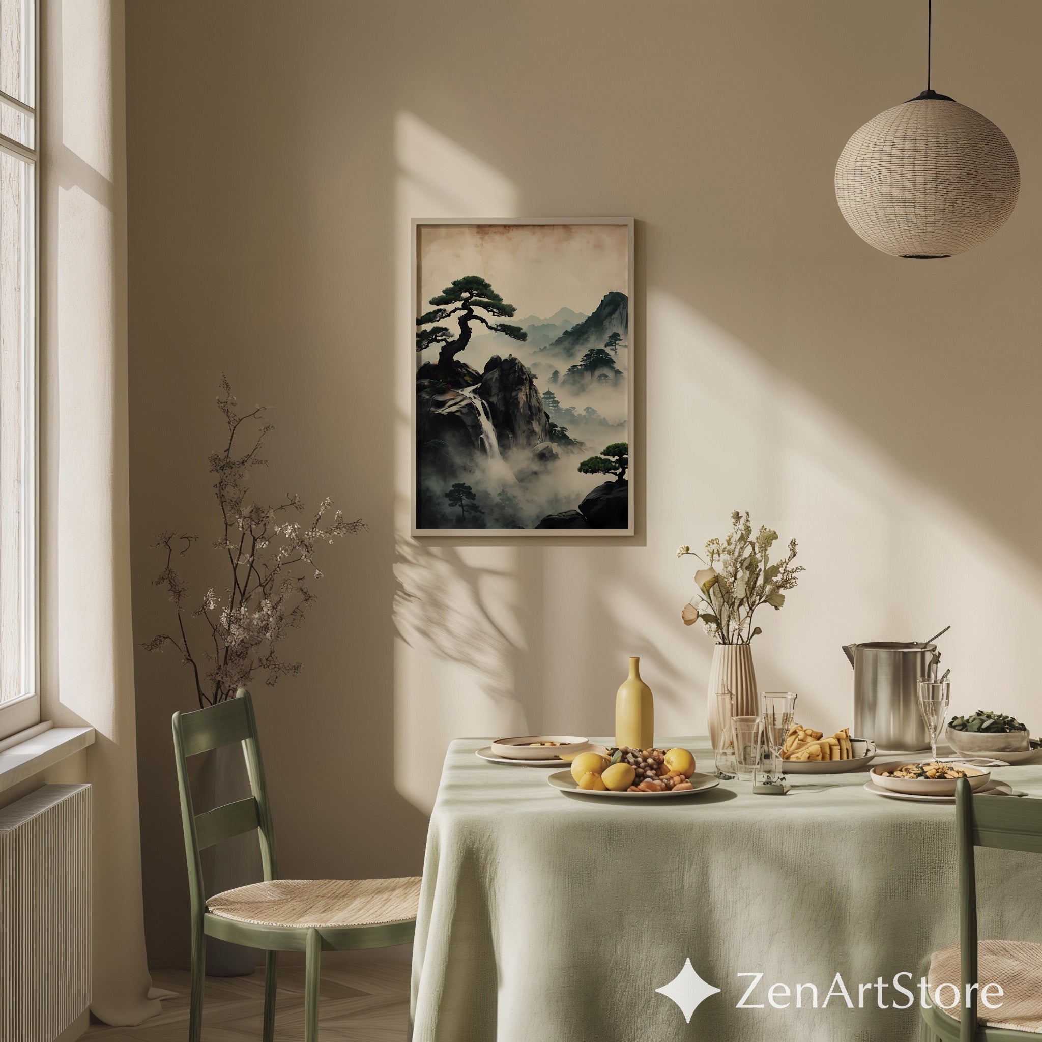 Zen Misty Mountain Landscape Print - Japanese Waterfall Bonsai Wall Art, Wabi Sabi Home Decor