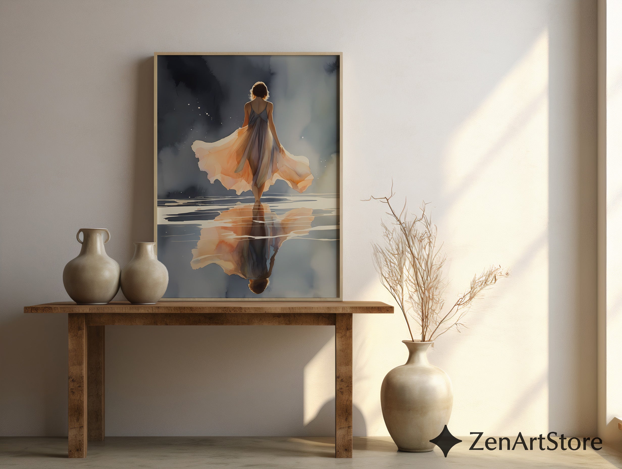 Ethereal Woman Walking on Water Art Print - Peach Reflection Minimal Zen Wall Art for Bedroom & Living Room