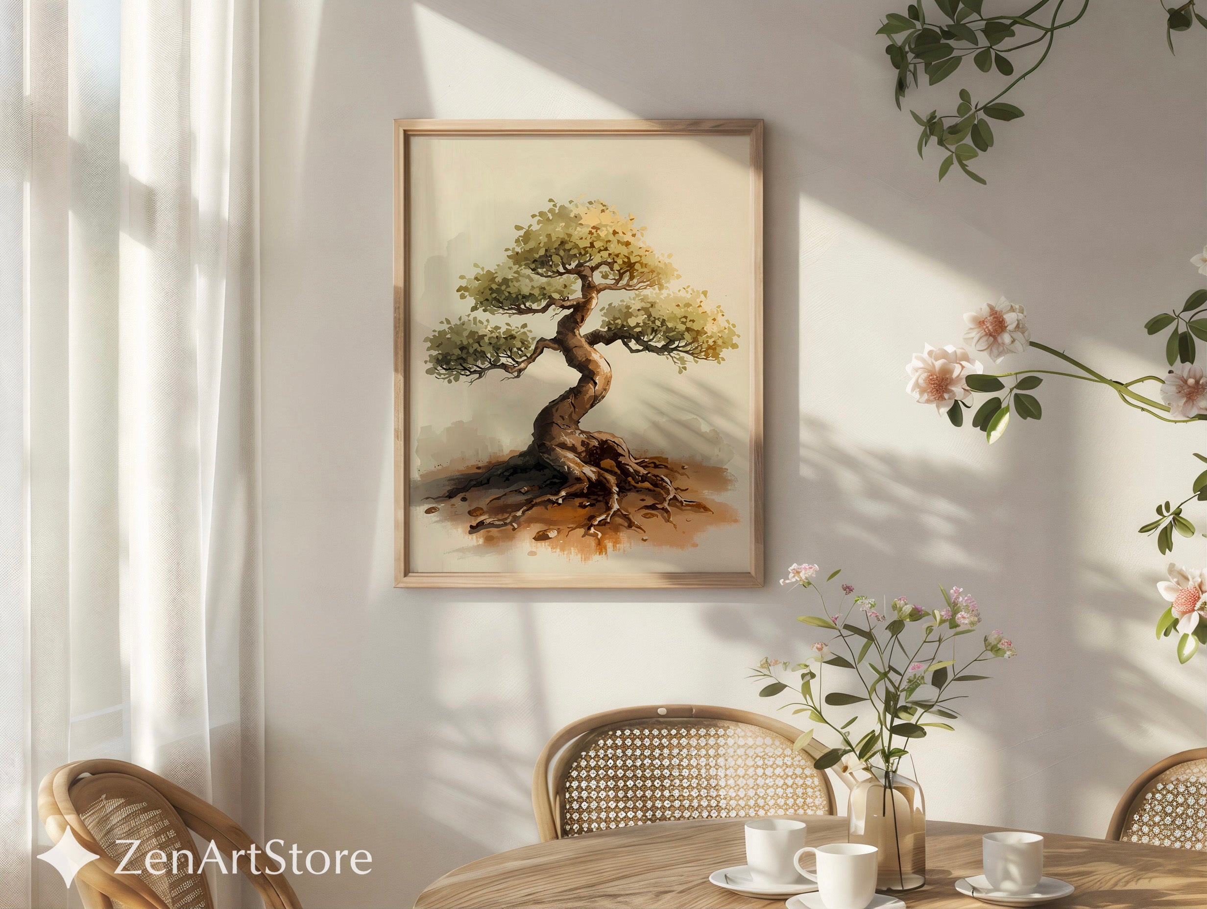 Bonsai Tree Art Print - Minimal Zen Wall Decor, Neutral Wabi Sabi Botanical Illustration for Japandi & Scandinavian Homes