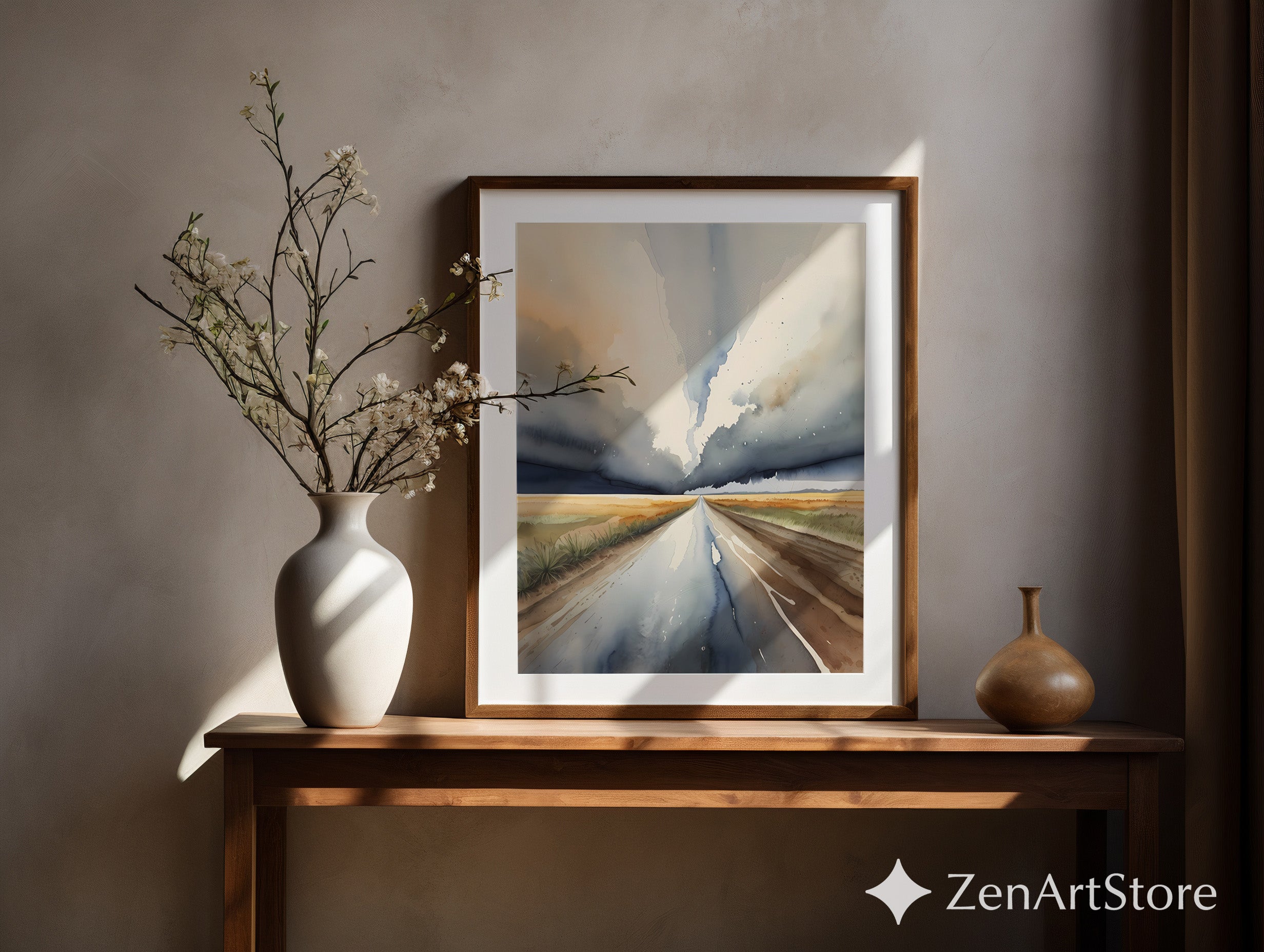 Dramatic Horizon Road Watercolor Print - Neutral Abstract Landscape Wall Art, Minimal Japandi Home Decor