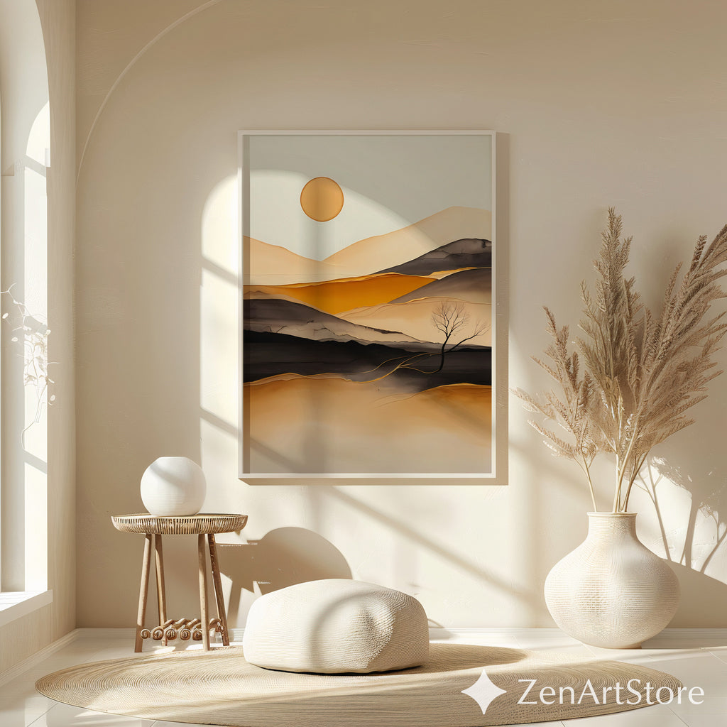 Minimal Abstract Desert Landscape Print - Warm Beige Ochre Modern Wall Art for Living Room, Japandi Scandi Canvas or Digital Download