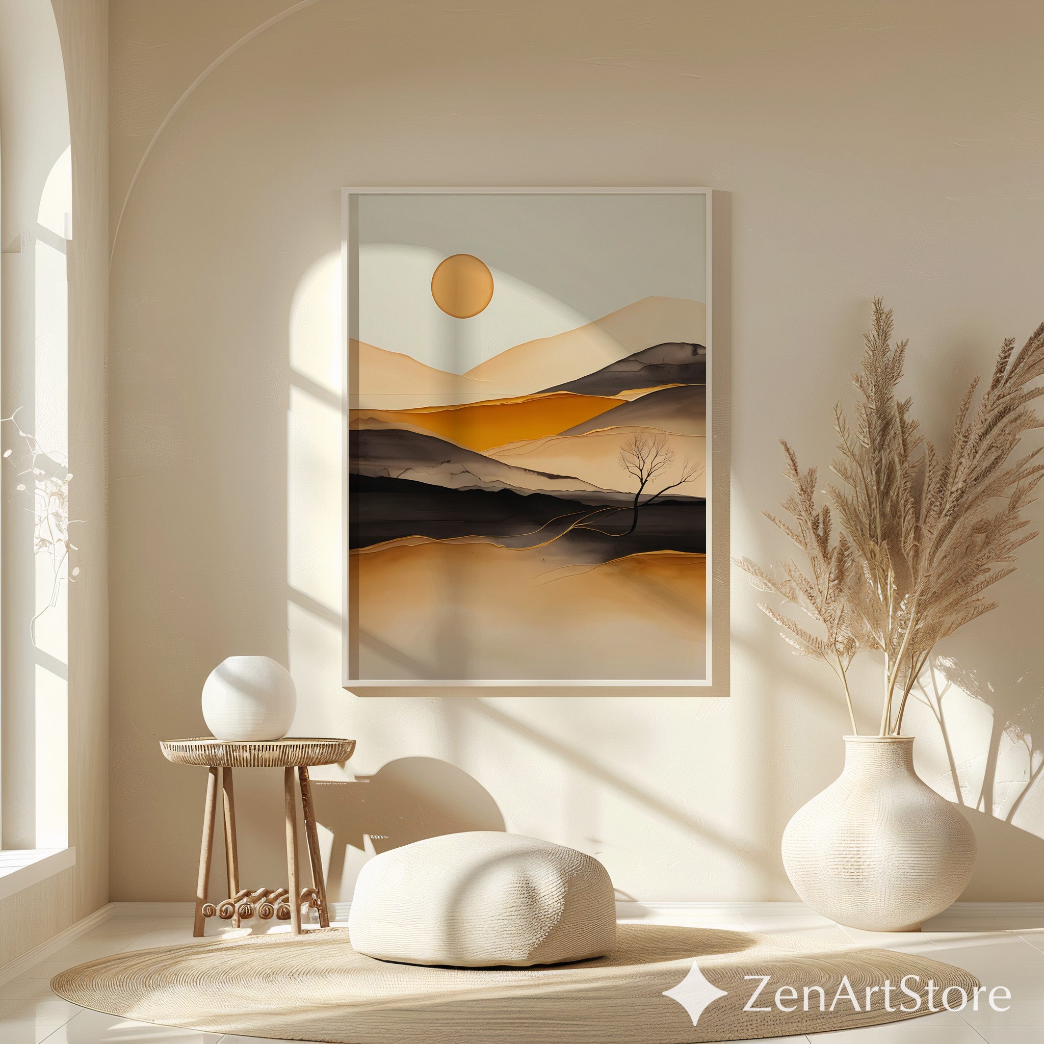 Minimal Abstract Desert Landscape Print - Warm Beige Ochre Modern Wall Art for Living Room, Japandi Scandi Canvas or Digital Download