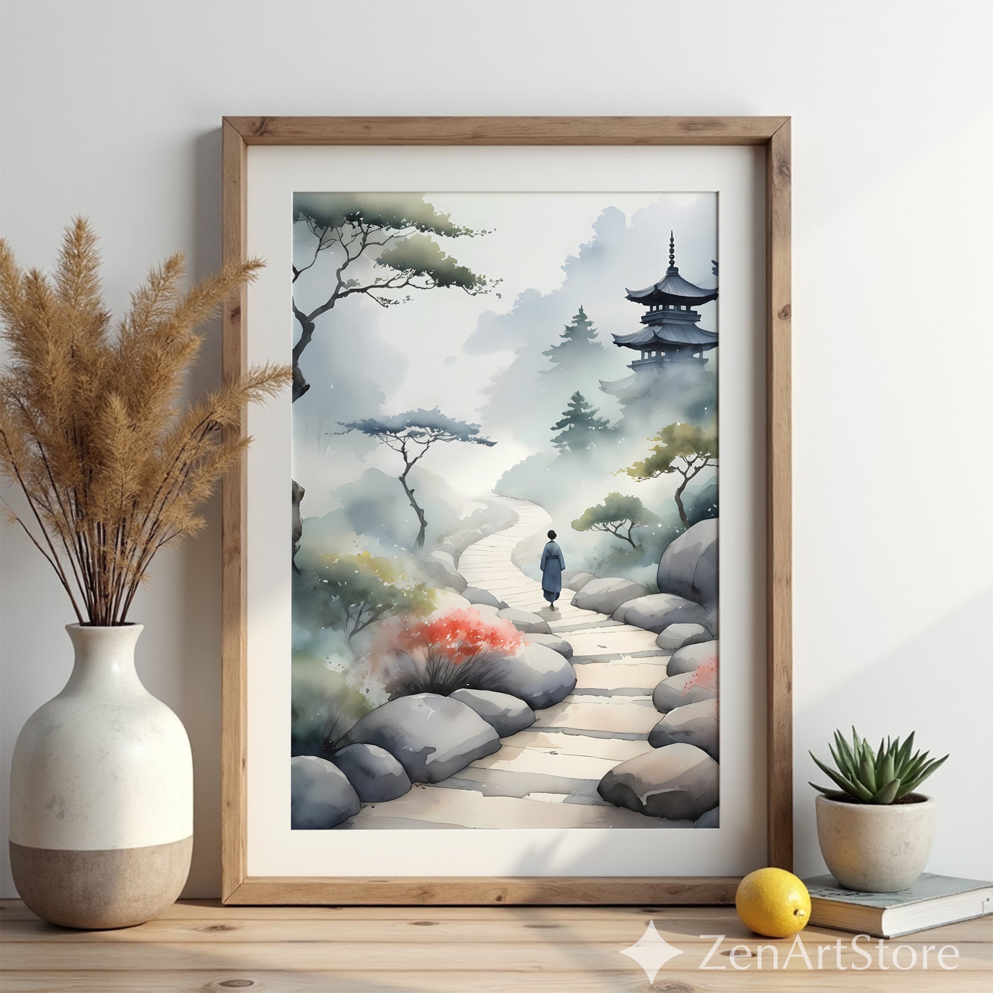 Misty Pagoda Path Watercolor Art Print - Zen Japanese Landscape, Japandi Minimal Wall Art for Living Room, Bedroom, Meditation Space