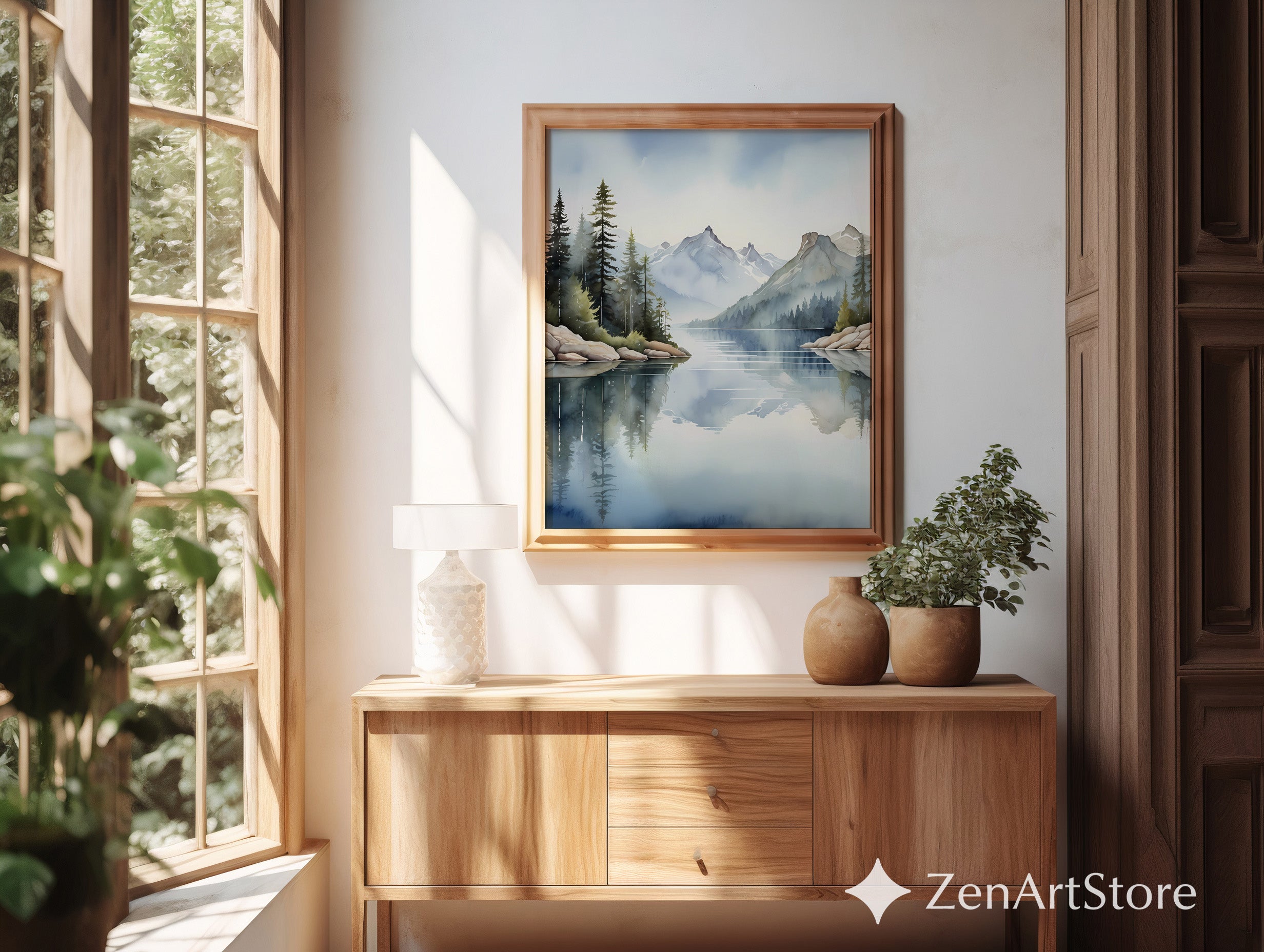 Serene Mountain Lake Watercolor Print - Misty Pines Reflection Wall Art - Scandinavian Japandi Minimal Neutral Home Decor