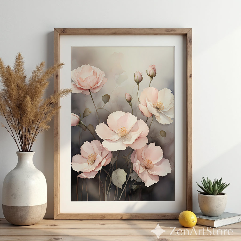 Blush Pink Poppies Floral Wall Art Print - Minimal Botanical Print, Neutral Scandinavian Japandi Home Decor