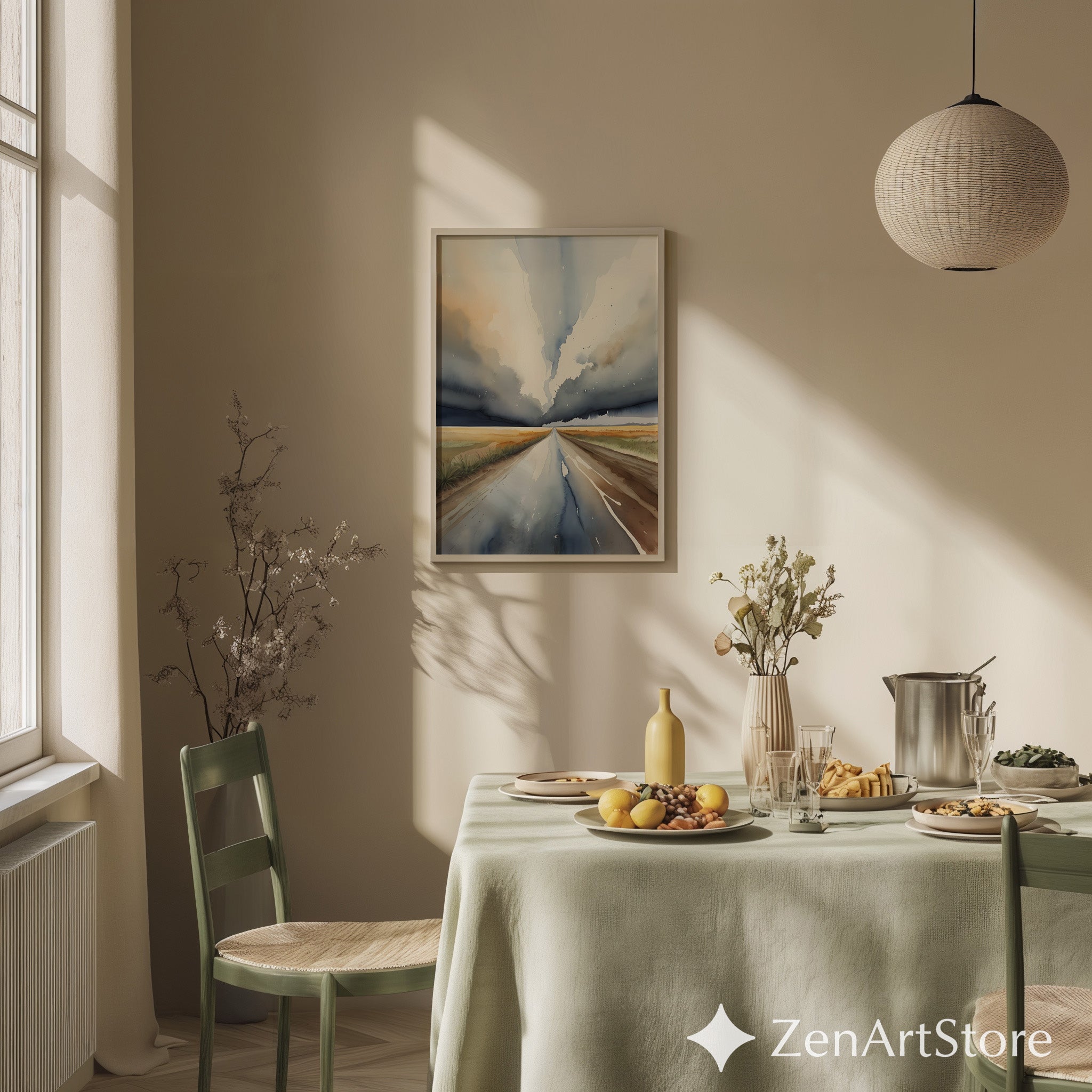 Dramatic Horizon Road Watercolor Print - Neutral Abstract Landscape Wall Art, Minimal Japandi Home Decor